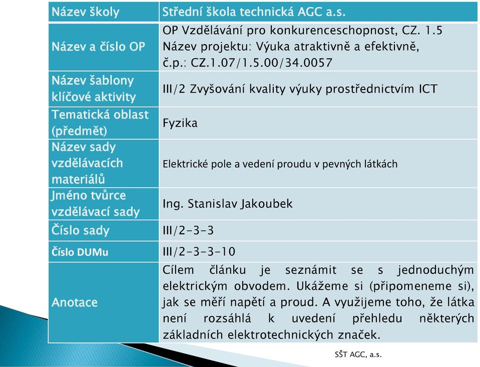 0057 /2 Zvyšování kvality výuky prostřednictvím CT Fyzika Elektrické pole a vedení proudu v pevných látkách ng.