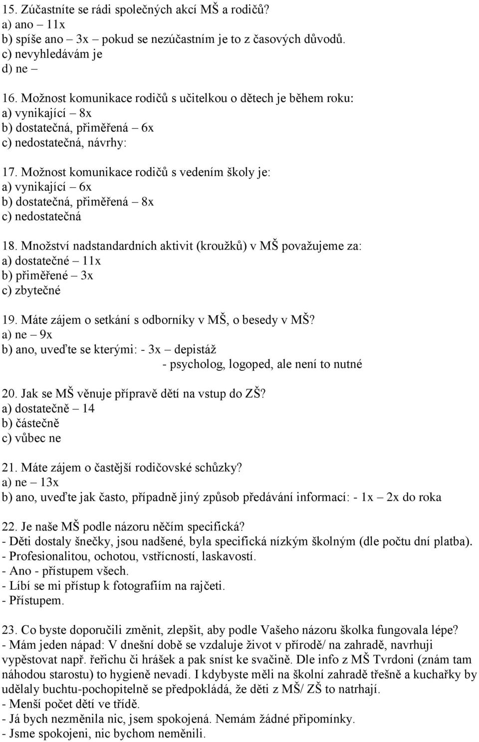 Možnost komunikace rodičů s vedením školy je: a) vynikající 6x b) dostatečná, přiměřená 8x c) nedostatečná 18.