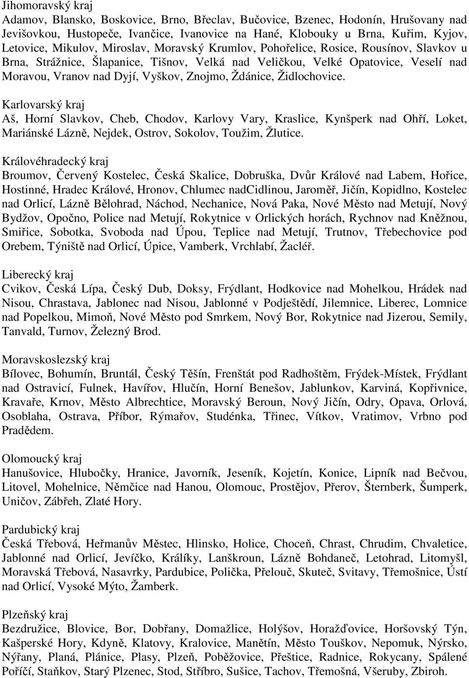 Znojmo, Ždánice, Židlochovice. Karlovarský kraj Aš, Horní Slavkov, Cheb, Chodov, Karlovy Vary, Kraslice, Kynšperk nad Ohří, Loket, Mariánské Lázně, Nejdek, Ostrov, Sokolov, Toužim, Žlutice.