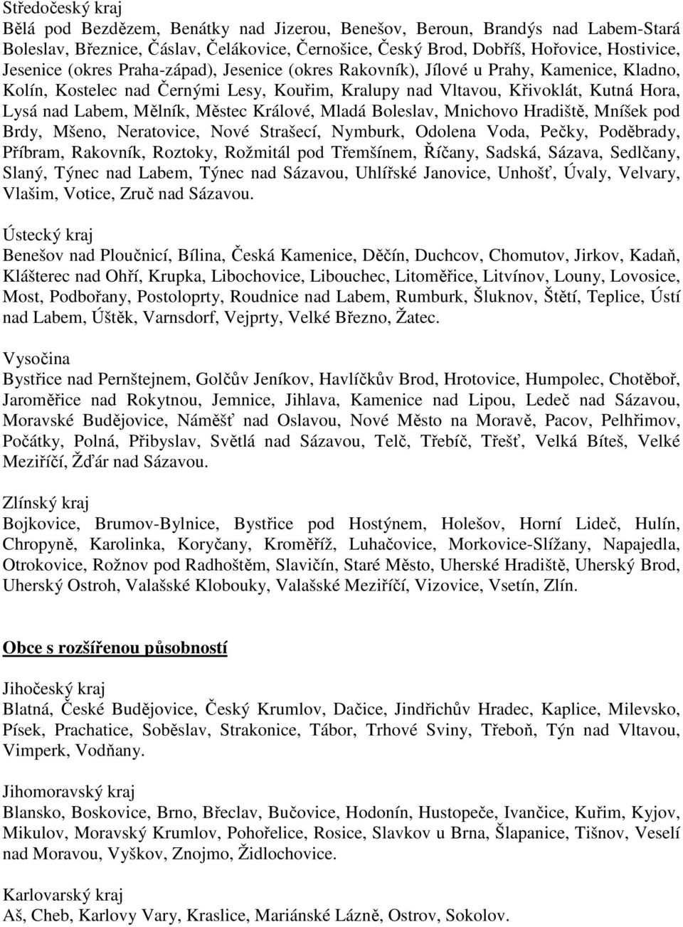 Králové, Mladá Boleslav, Mnichovo Hradiště, Mníšek pod Brdy, Mšeno, Neratovice, Nové Strašecí, Nymburk, Odolena Voda, Pečky, Poděbrady, Příbram, Rakovník, Roztoky, Rožmitál pod Třemšínem, Říčany,