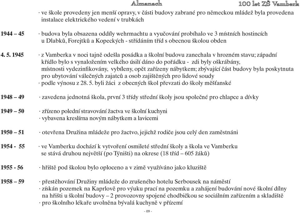 1945 z Vamberka v noci tajně odešla posádka a školní budovu zanechala v hrozném stavu; západní křídlo bylo s vynaložením velkého úsilí dáno do pořádku - zdi byly oškrábány, místnosti vydezinfikovány,