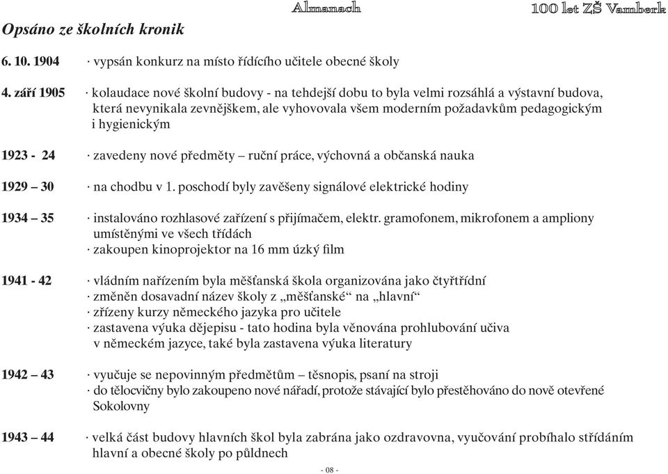 1923-24 zavedeny nové předměty ruční práce, výchovná a občanská nauka 1929 30 na chodbu v 1.