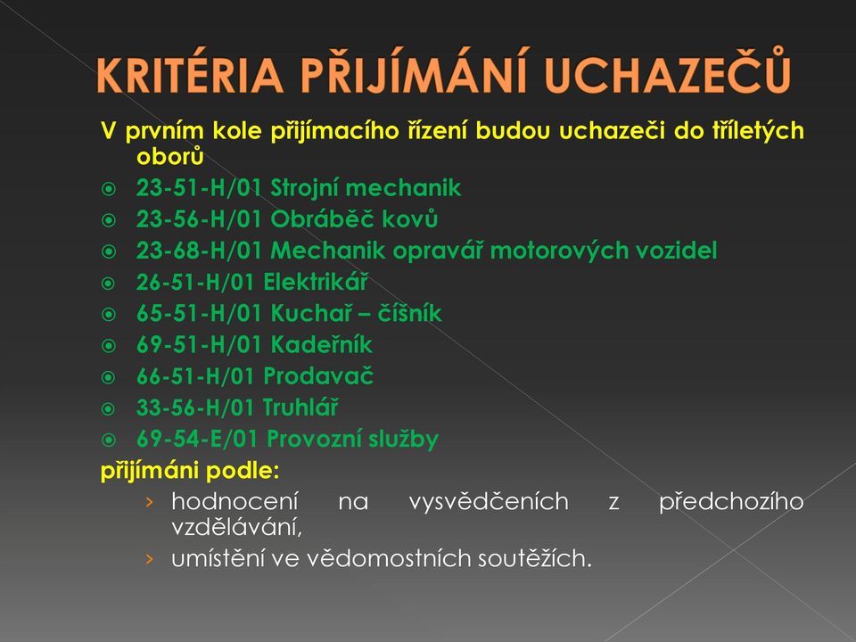 65-51-H/01 Kuchař číšník 69-51-H/01 Kadeřník 66-51-H/01 Prodavač 33-56-H/01 Truhlář 69-54-E/01