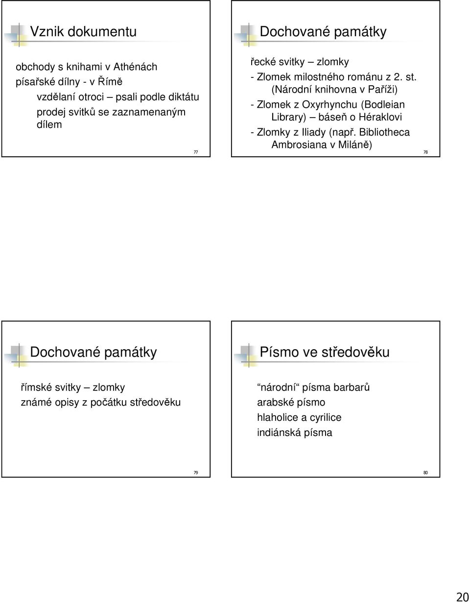 (Národní knihovna v Paříži) - Zlomek z Oxyrhynchu (Bodleian Library) báseň o Héraklovi - Zlomky z Iliady (např.