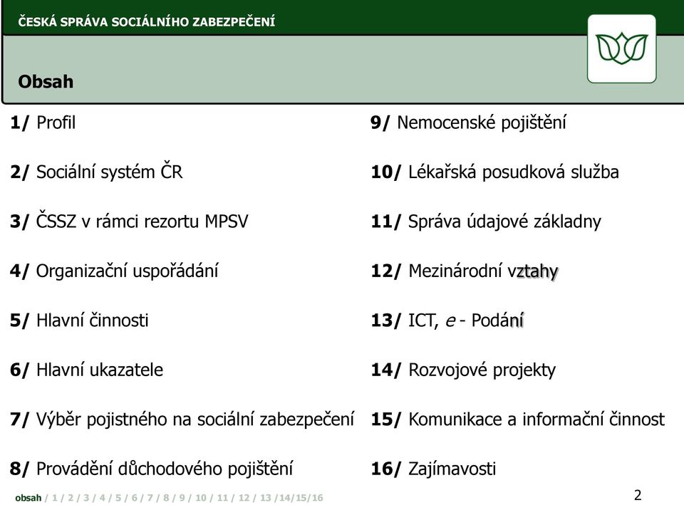 Hlavní činnosti 13/ ICT, e - Podání 6/ Hlavní ukazatele 14/ Rozvojové projekty 7/ Výběr pojistného na