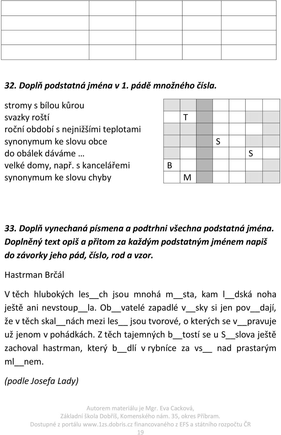 Doplněný text opiš a přitom za každým podstatným jménem napiš do závorky jeho pád, číslo, rod a vzor. Hastrman Brčál V těch hlubokých les ch jsou mnohá m sta, kam l dská noha ještě ani nevstoup la.