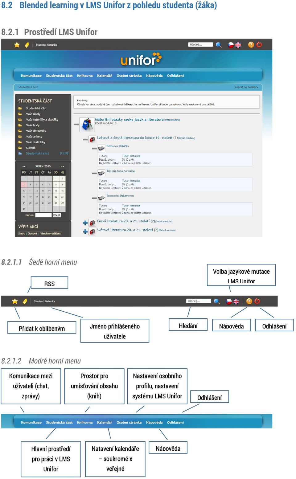 1 Šedé horní menu RSS Volba jazykové mutace LMS Unifor Přidat k oblíbeným Jméno přihlášeného uživatele Hledání Nápověda