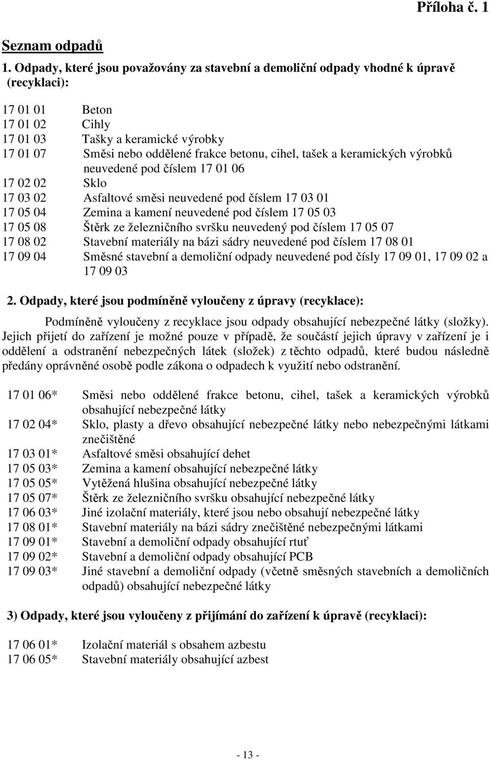 cihel, tašek a keramických výrobků neuvedené pod číslem 17 01 06 17 02 02 Sklo 17 03 02 Asfaltové směsi neuvedené pod číslem 17 03 01 17 05 04 Zemina a kamení neuvedené pod číslem 17 05 03 17 05 08