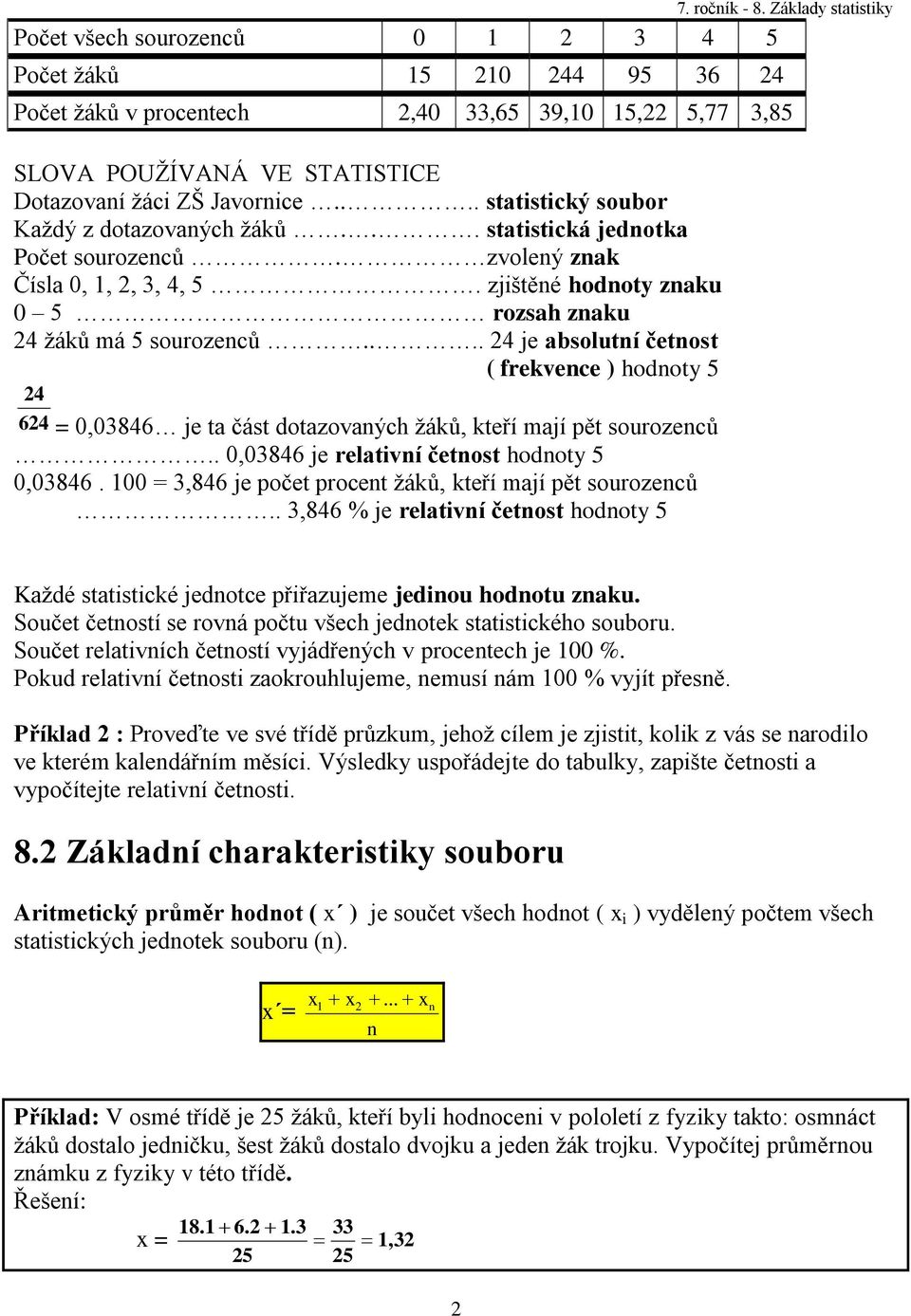 ... 4 je absolutí četost ( frekvece ) hodoty 5 4 64 = 0,03846 je ta část dotazovaých ţáků, kteří mají pět sourozeců.. 0,03846 je relativí četost hodoty 5 0,03846.