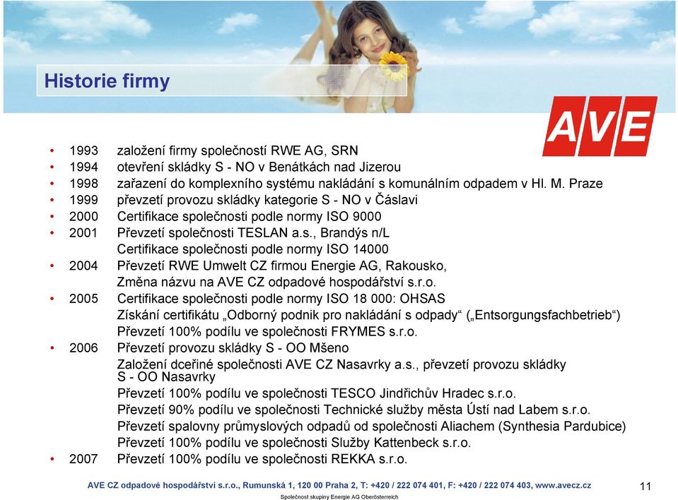 r.o. 2005 Certifikace společnosti podle normy ISO 18 000: OHSAS Získání certifikátu Odborný podnik pro nakládání s odpady ( Entsorgungsfachbetrieb ) Převzetí 100% podílu ve společnosti FRYMES s.r.o. 2006 Převzetí provozu skládky S - OO Mšeno Založení dceřiné společnosti AVE CZ Nasavrky a.