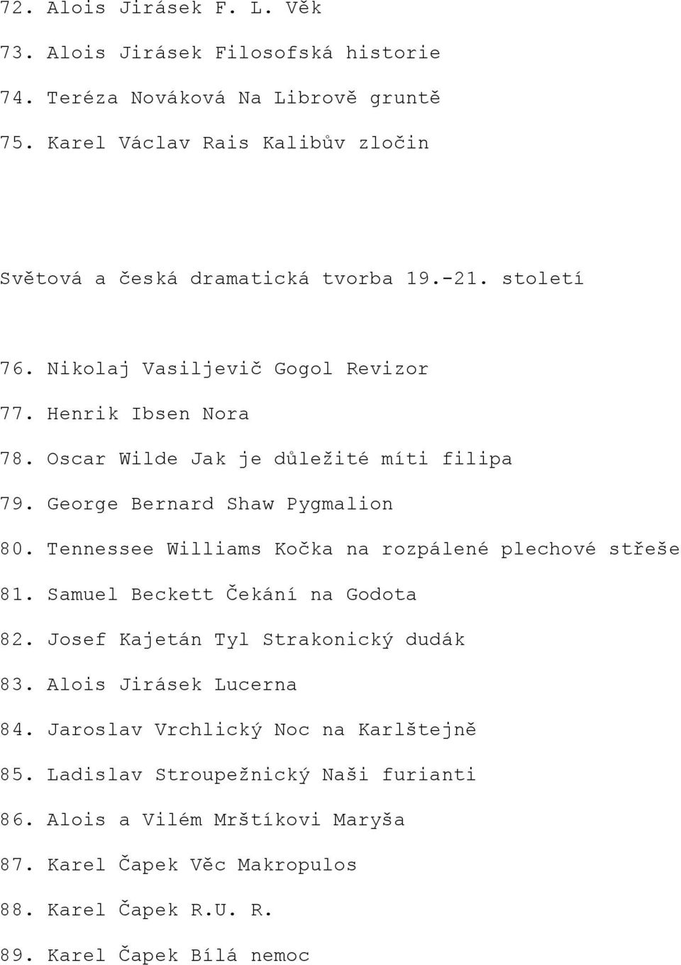 Oscar Wilde Jak je důležité míti filipa 79. George Bernard Shaw Pygmalion 80. Tennessee Williams Kočka na rozpálené plechové střeše 81. Samuel Beckett Čekání na Godota 82.