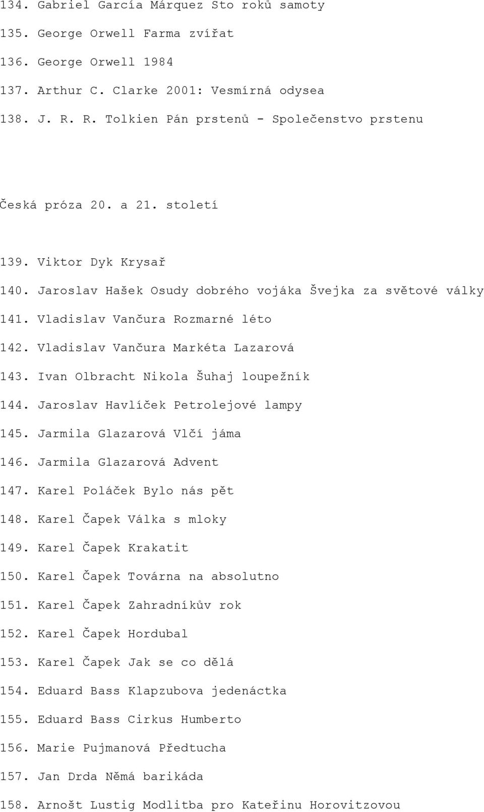 Vladislav Vančura Rozmarné léto 142. Vladislav Vančura Markéta Lazarová 143. Ivan Olbracht Nikola Šuhaj loupežník 144. Jaroslav Havlíček Petrolejové lampy 145. Jarmila Glazarová Vlčí jáma 146.