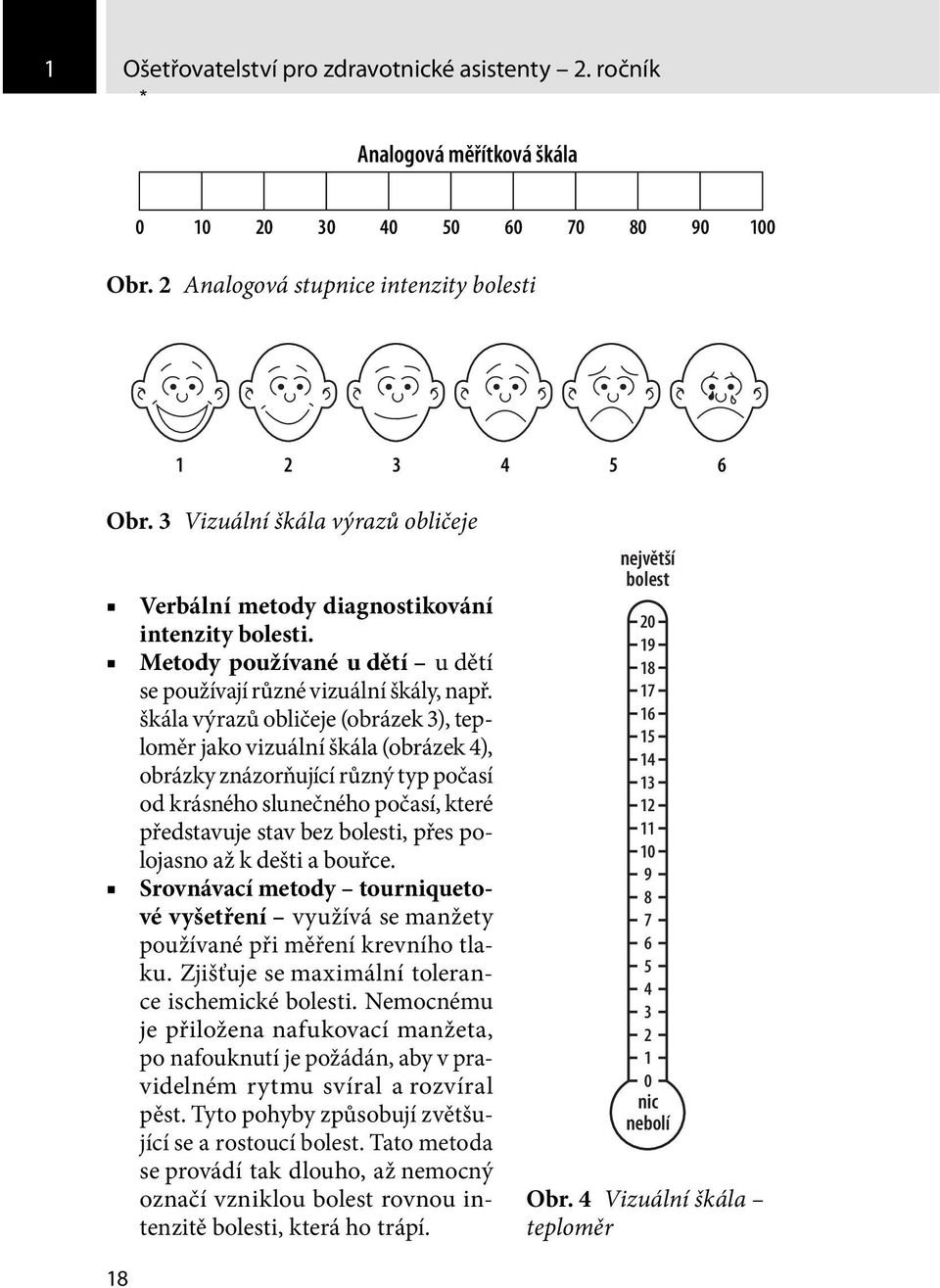 škála výrazů obličeje (obrázek 3), teploměr jako vizuální škála (obrázek 4), obrázky znázorňující různý typ počasí od krásného slunečného počasí, které představuje stav bez bolesti, přes polojasno až