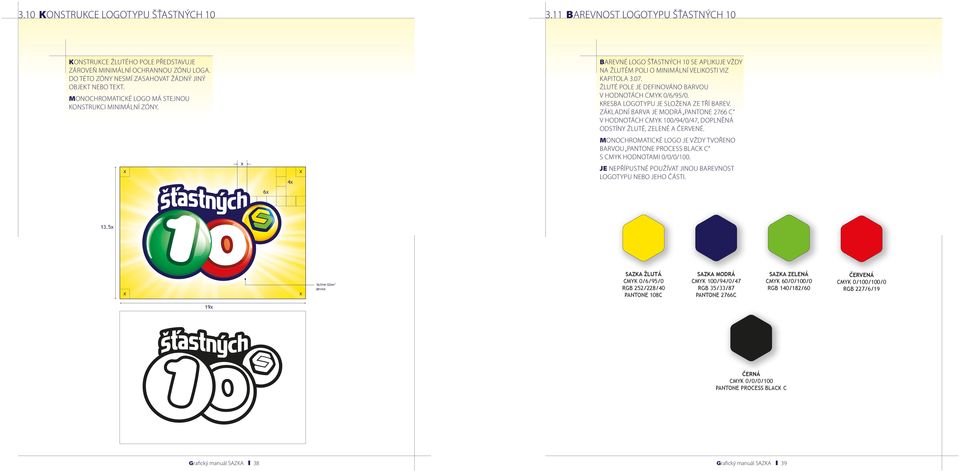 Barevné logo šťastných 10 se aplikuje vždy na žlutém poli o minimální velikosti viz kapitola 3.07. žluté pole je definováno barvou v hodnotách cmyk 0/6/95/0. kresba logotypu je složena ze tří barev.