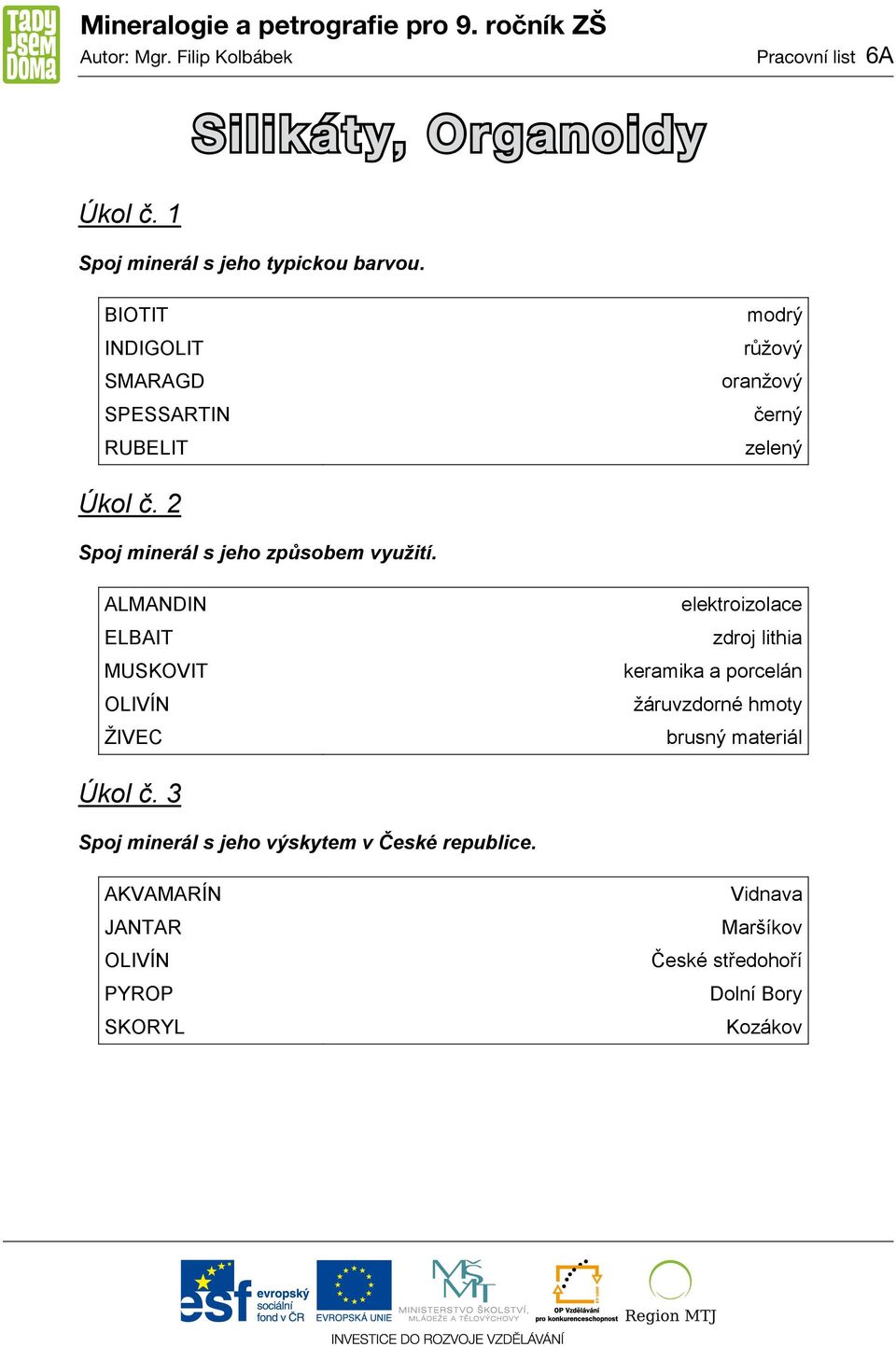 2 Spoj minerál s jeho způsobem využití.