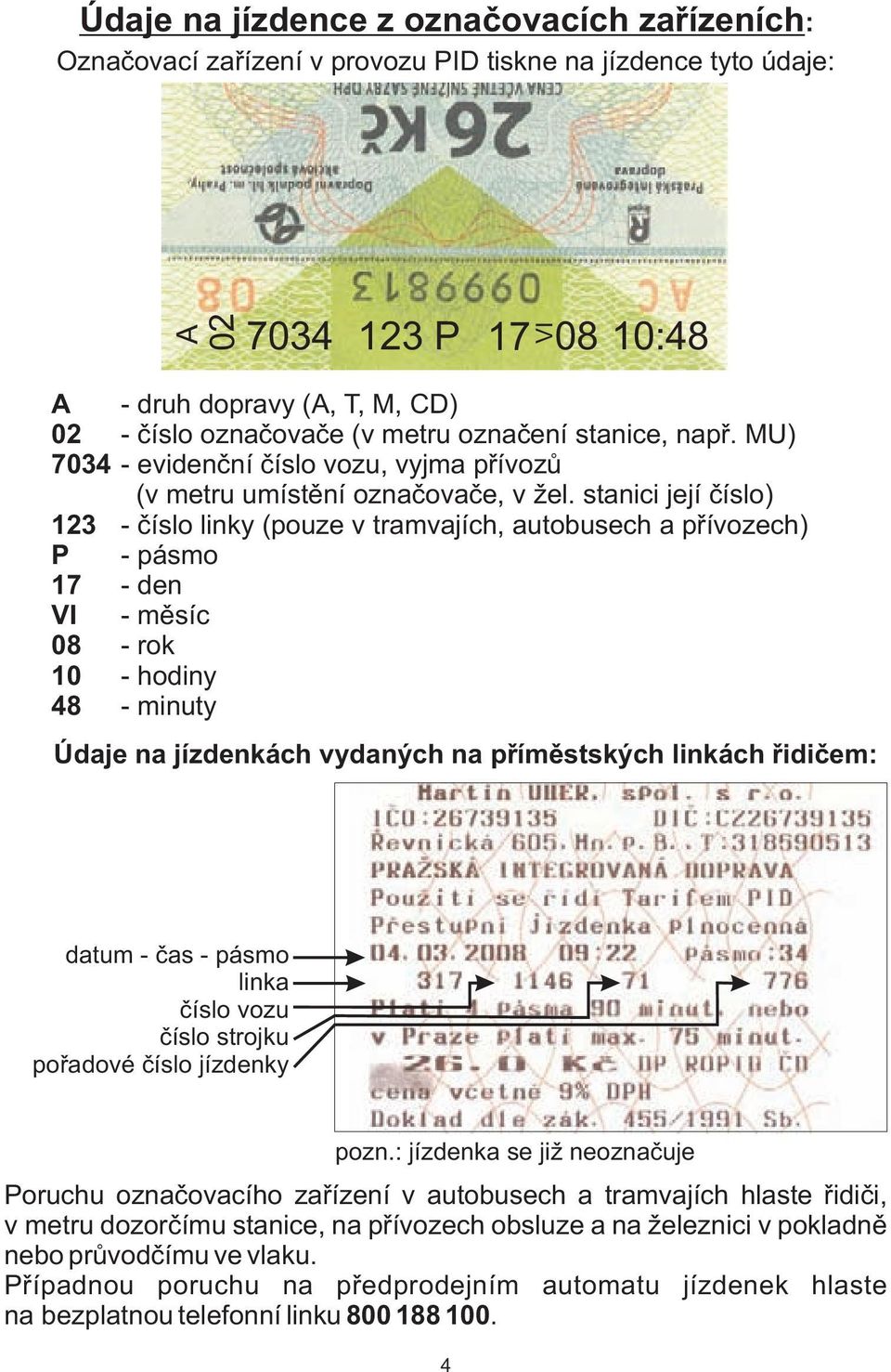 stanici její číslo) - číslo linky (pouze v tramvajích, autobusech a přívozech) - pásmo - den - měsíc - rok - hodiny - minuty Údaje na jízdenkách vydaných na příměstských linkách řidičem: datum - čas