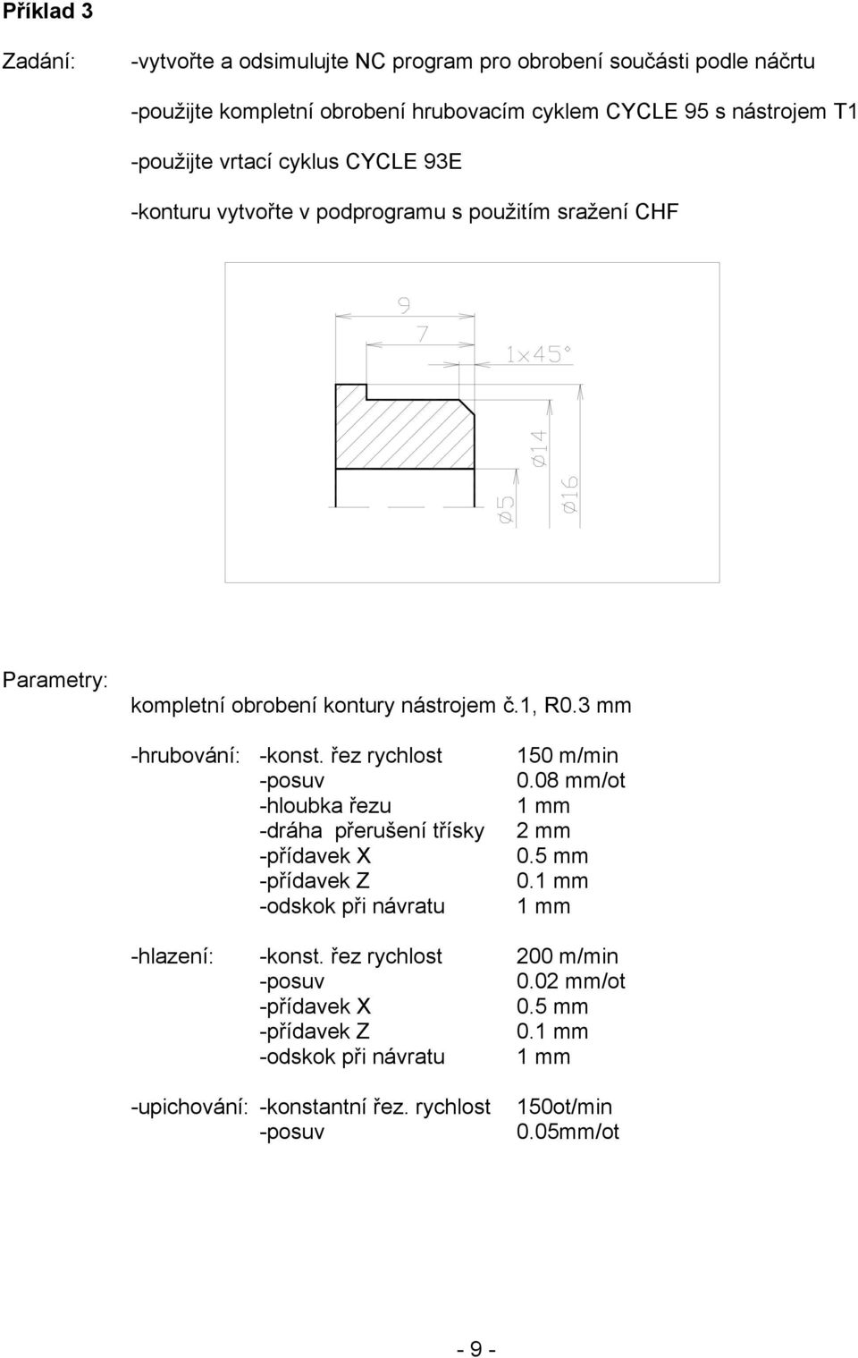 nástrojem č.1, R0.3 mm -hrubování: -konst. řez rychlost -hloubka řezu -dráha přerušení třísky -odskok při návratu 150 m/min 0.