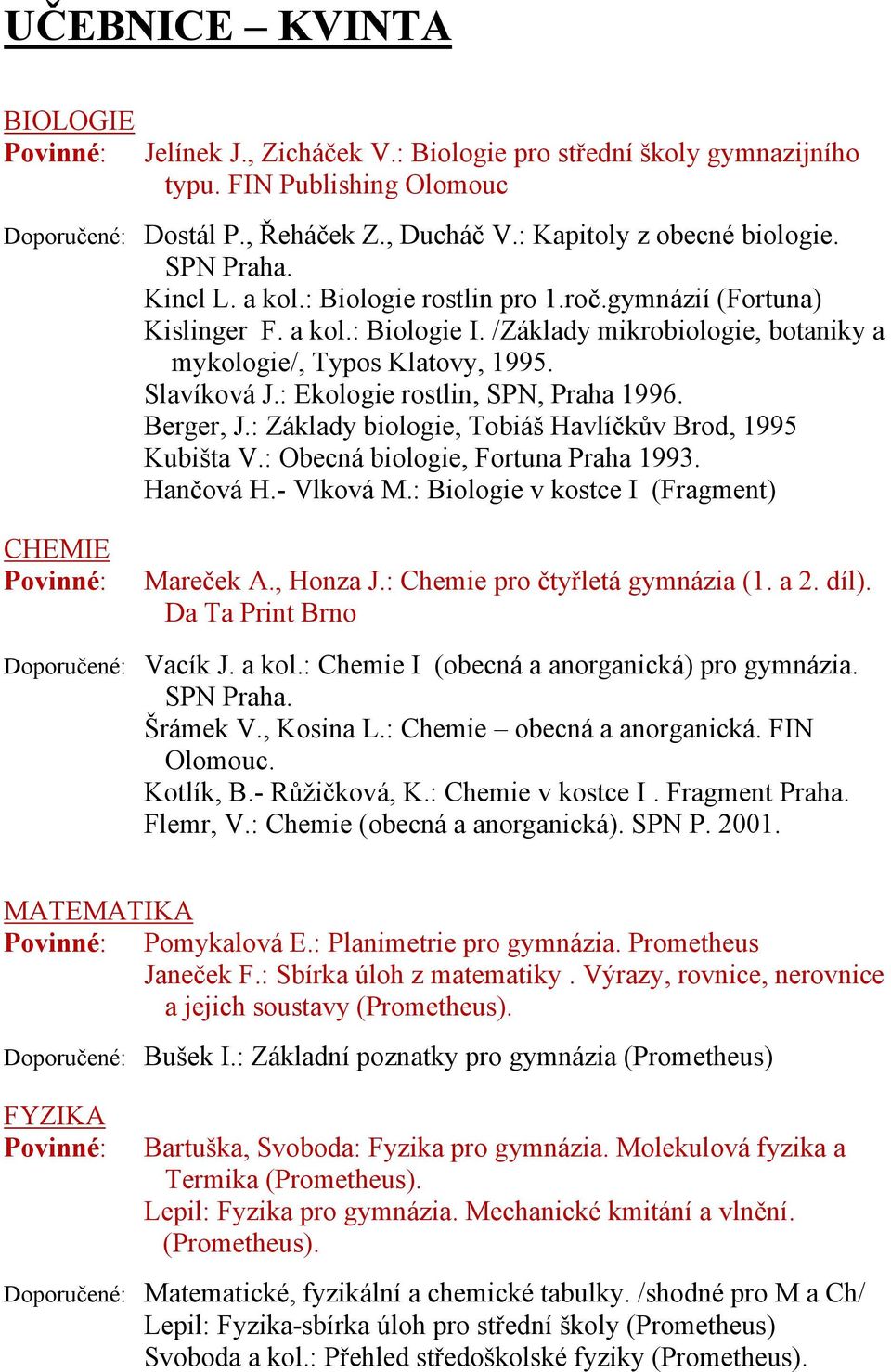 : Ekologie rostlin, SPN, Praha 1996. Berger, J.: Základy biologie, Tobiáš Havlíčkův Brod, 1995 Kubišta V.: Obecná biologie, Fortuna Praha 1993. Hančová H.- Vlková M.