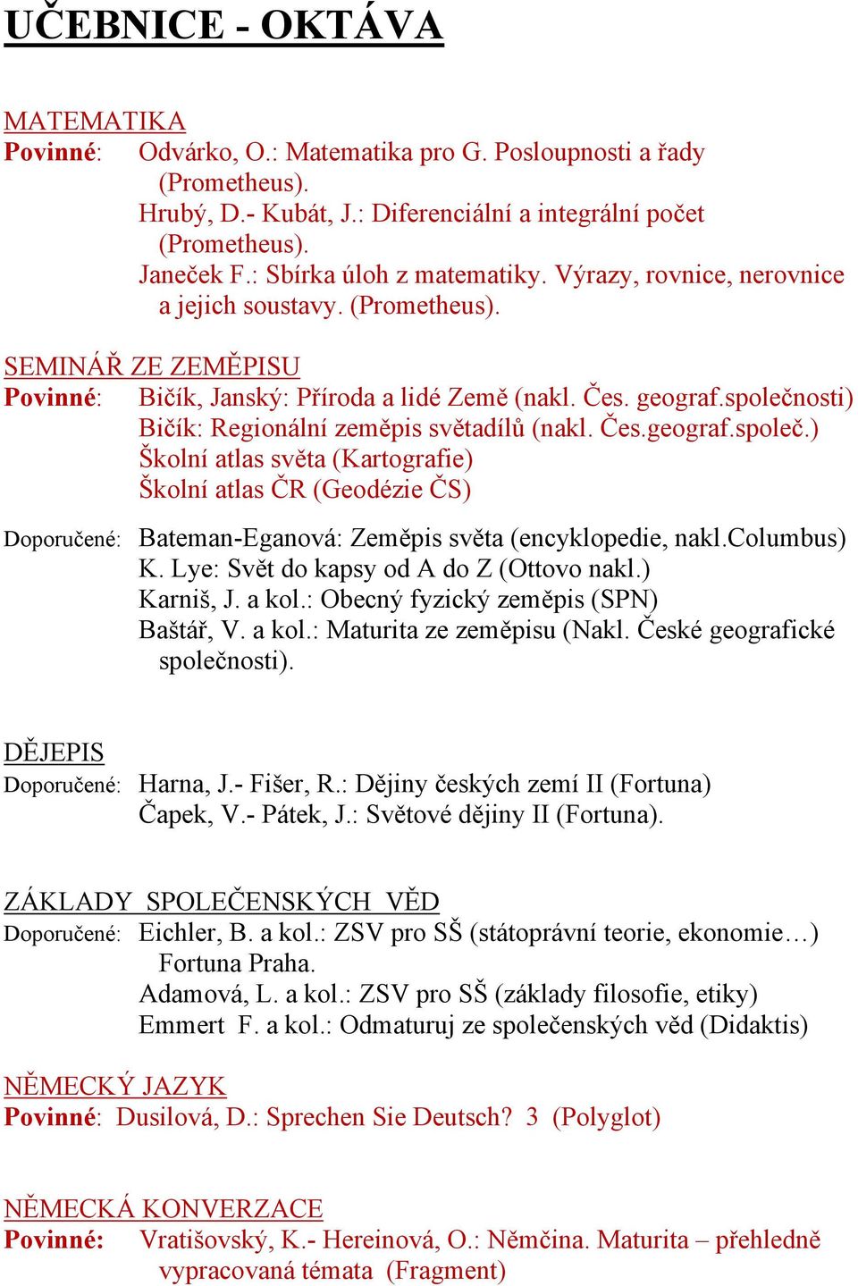 osti) Bičík: Regionální zeměpis světadílů (nakl. Čes.geograf.společ.) Školní atlas světa (Kartografie) Školní atlas ČR (Geodézie ČS) Doporučené: Bateman-Eganová: Zeměpis světa (encyklopedie, nakl.