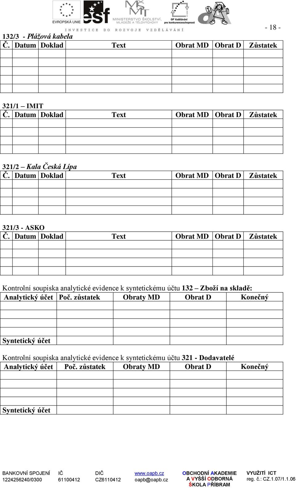 Datum Doklad Text Obrat MD Obrat D Zůstatek Kontrolní soupiska analytické evidence k syntetickému účtu 132 Zboží na skladě: Analytický účet Poč.