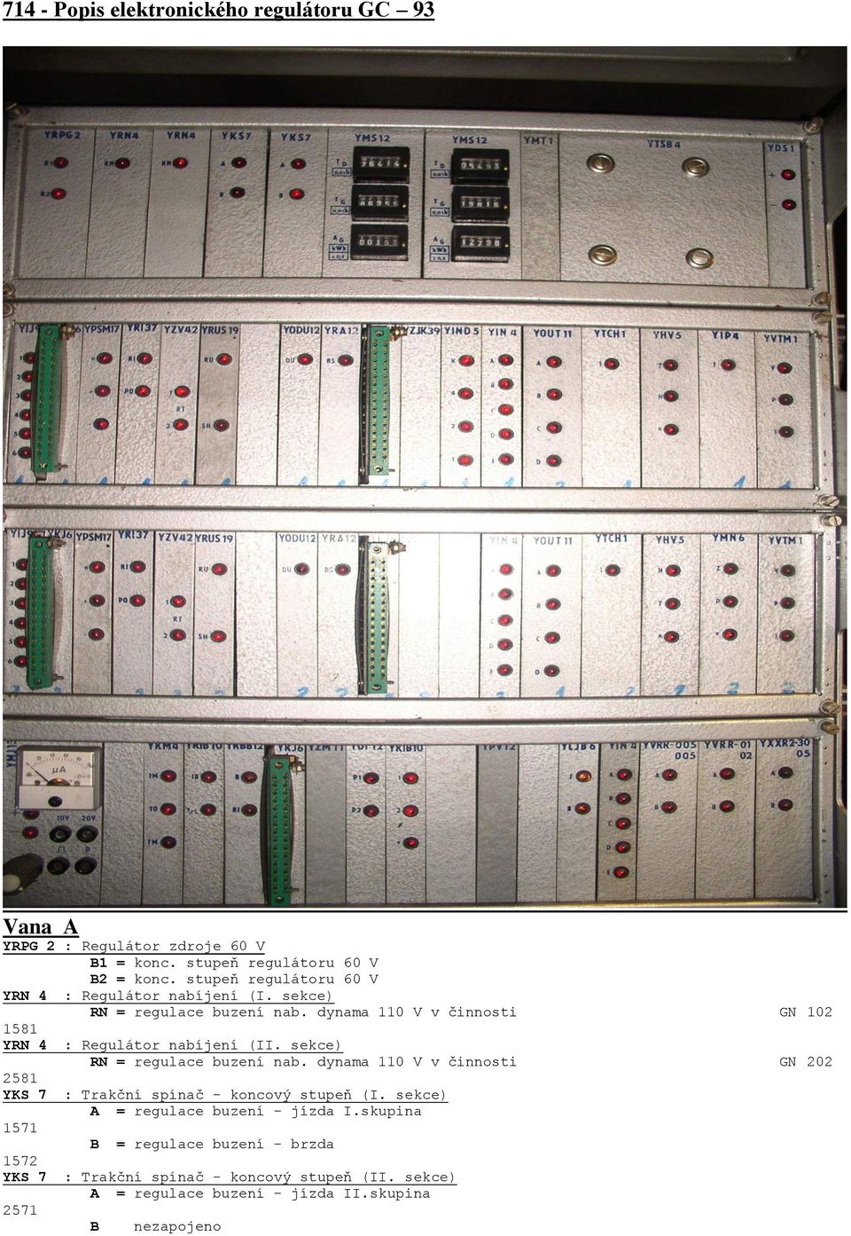 dynama 110 V v činnosti GN 102 1581 YRN 4 : Regulátor nabíjení (II. sekce) RN = regulace buzení nab.