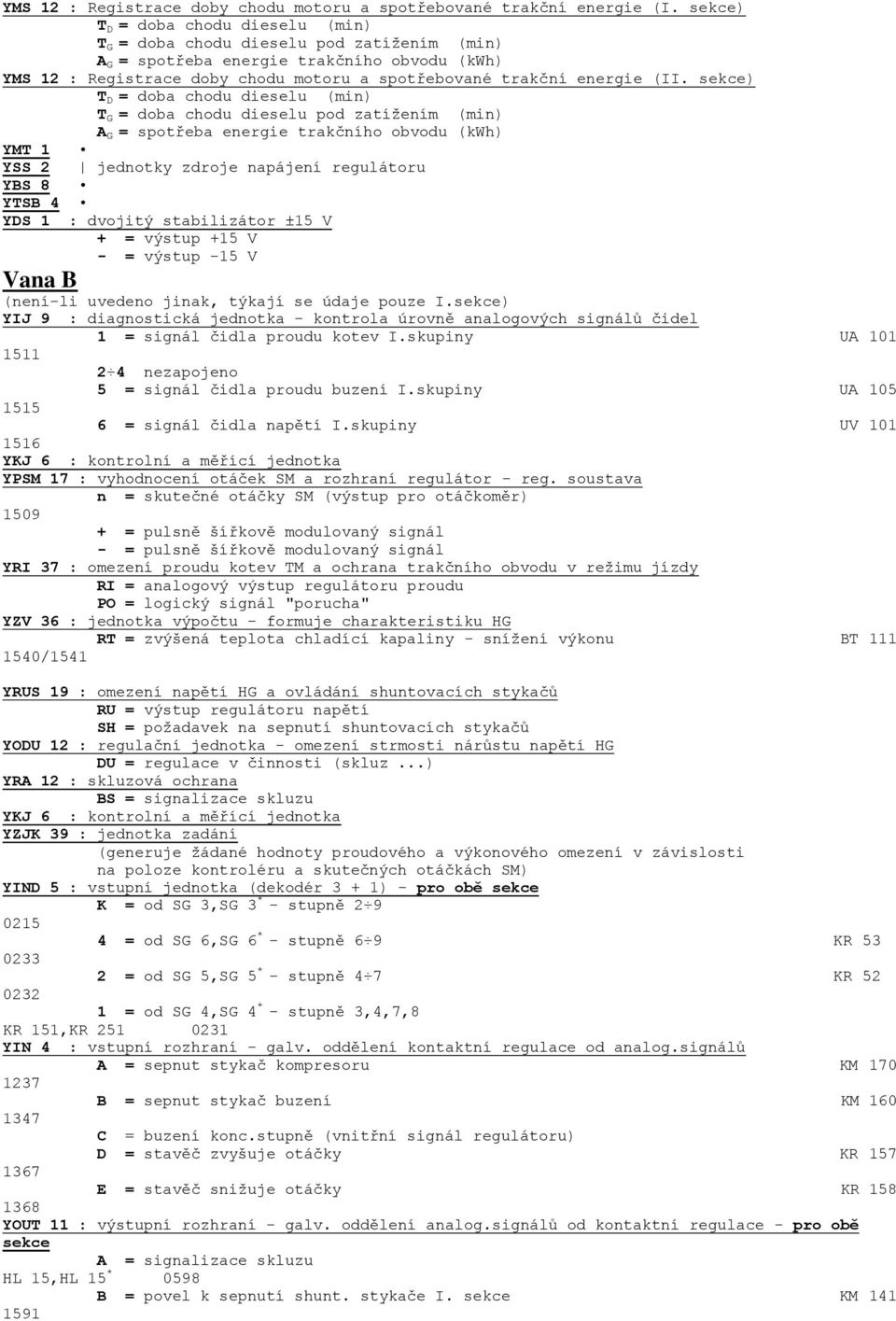 (II. sekce) T D = doba chodu dieselu (min) T G = doba chodu dieselu pod zatížením (min) A G = spotřeba energie trakčního obvodu (kwh) YMT 1 YSS 2 jednotky zdroje napájení regulátoru YBS 8 YTSB 4 YDS