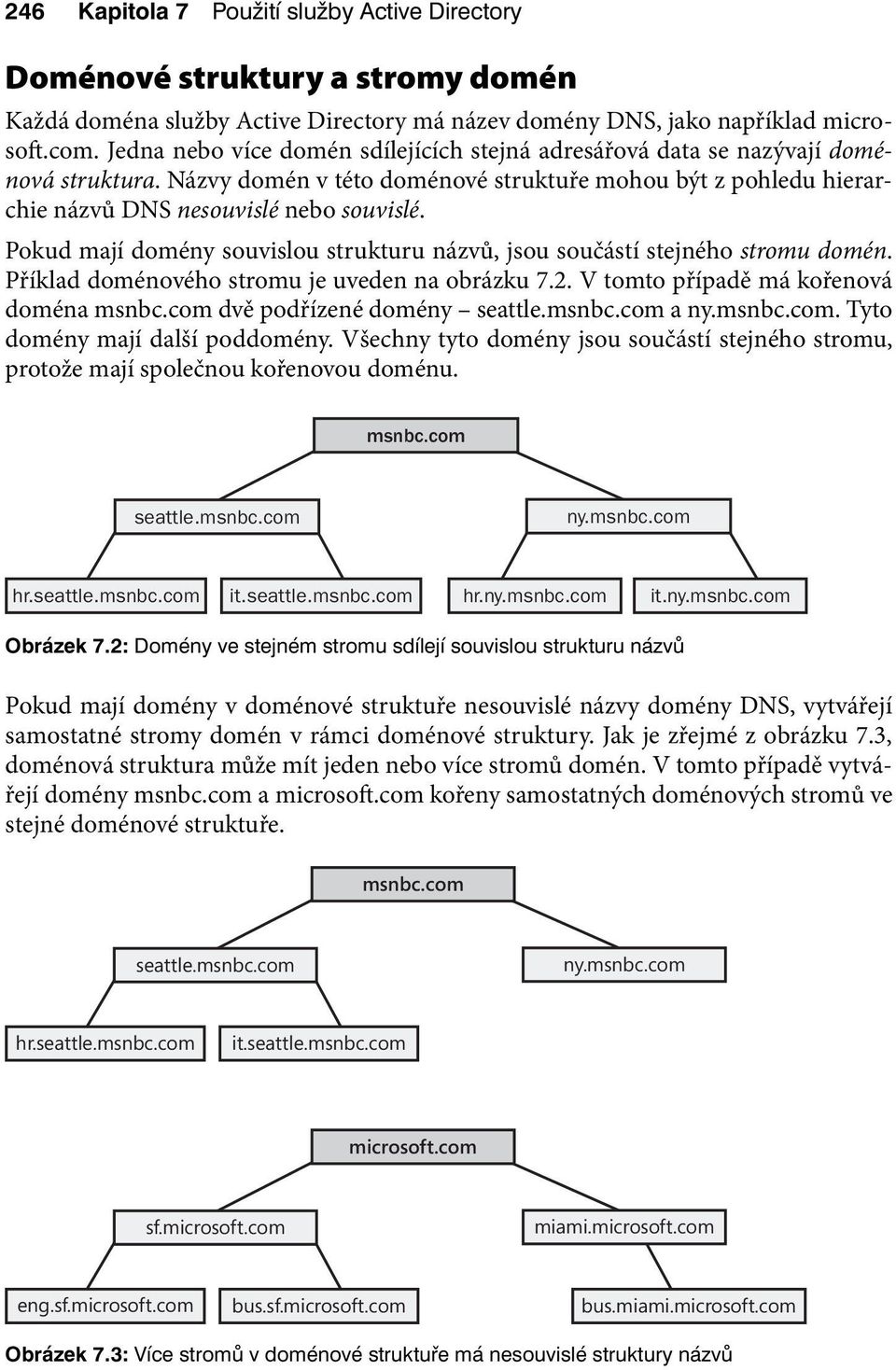 Pokud mají domény souvislou strukturu názvů, jsou součástí stejného stromu domén. Příklad doménového stromu je uveden na obrázku 7.2. V tomto případě má kořenová doména msnbc.