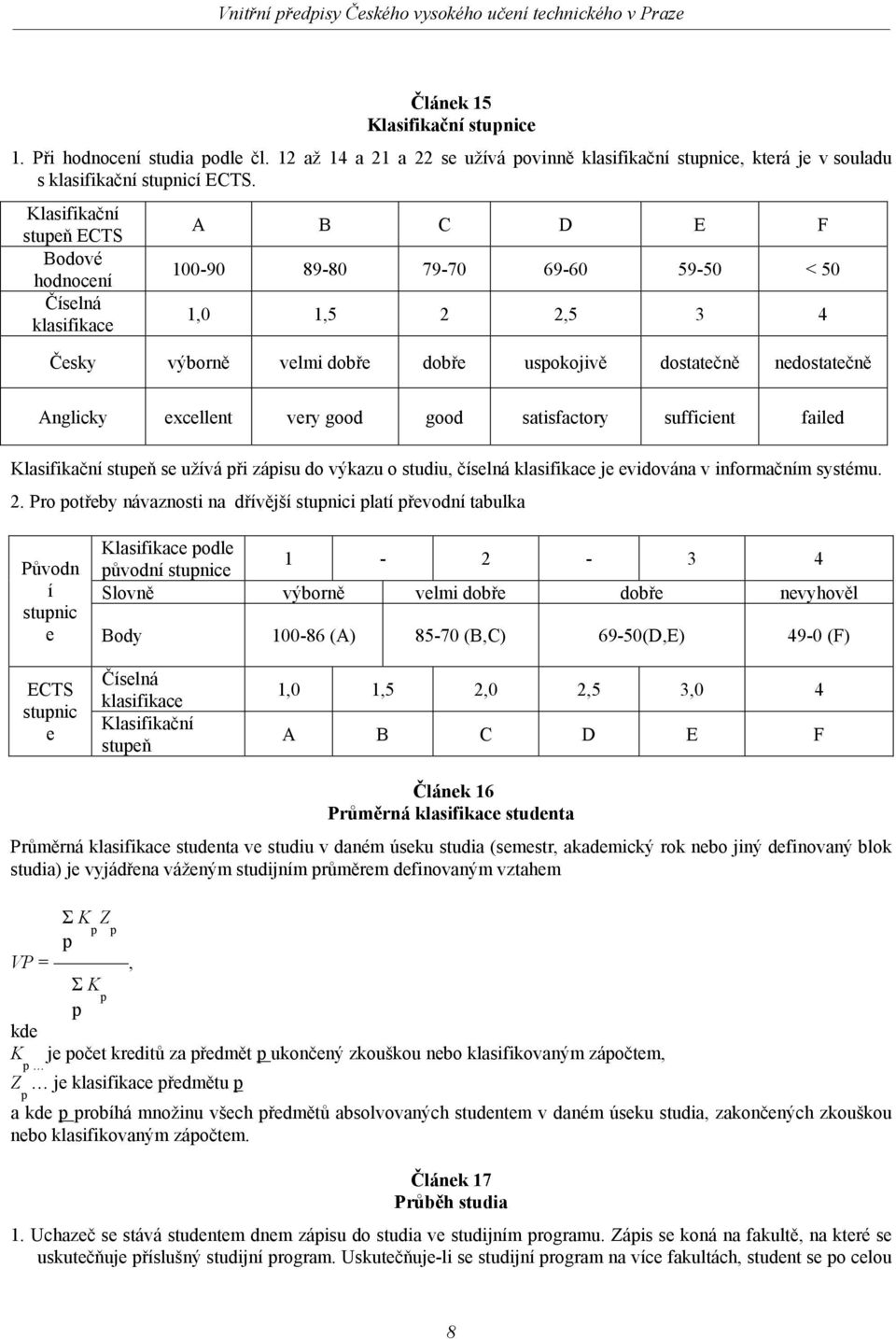 Anglicky excellent very good good satisfactory sufficient failed Klasifikační stupeň se užívá při zápisu do výkazu o studiu, číselná klasifikace je evidována v informačním systému. 2.