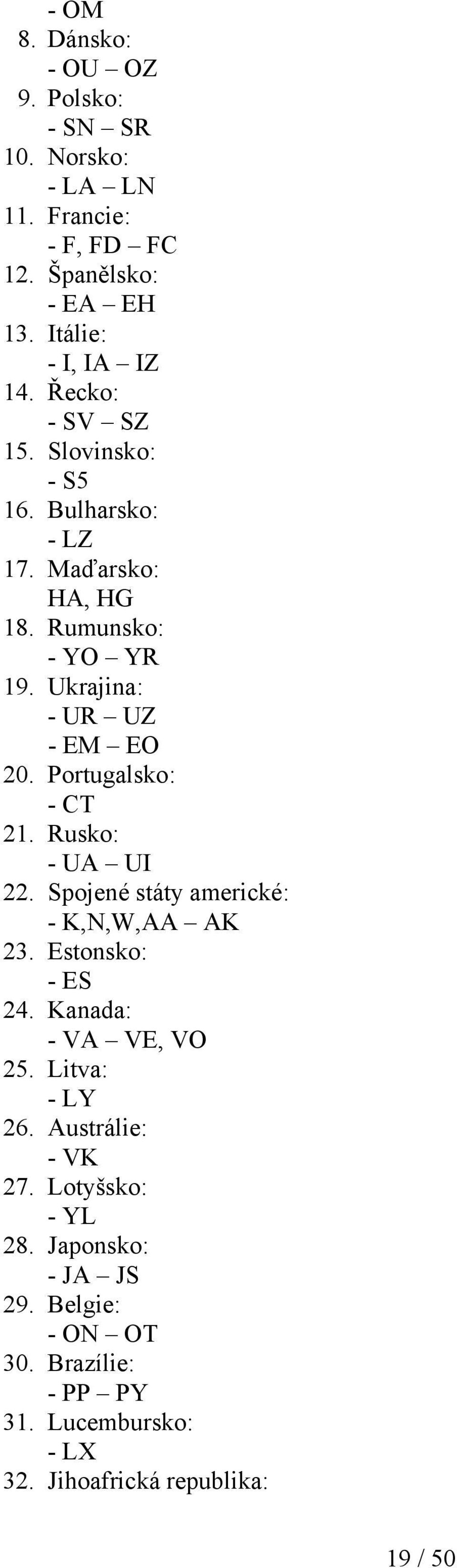 Portugalsko: - CT 21. Rusko: - UA UI 22. Spojené státy americké: - K,N,W,AA AK 23. Estonsko: - ES 24. Kanada: - VA VE, VO 25. Litva: - LY 26.