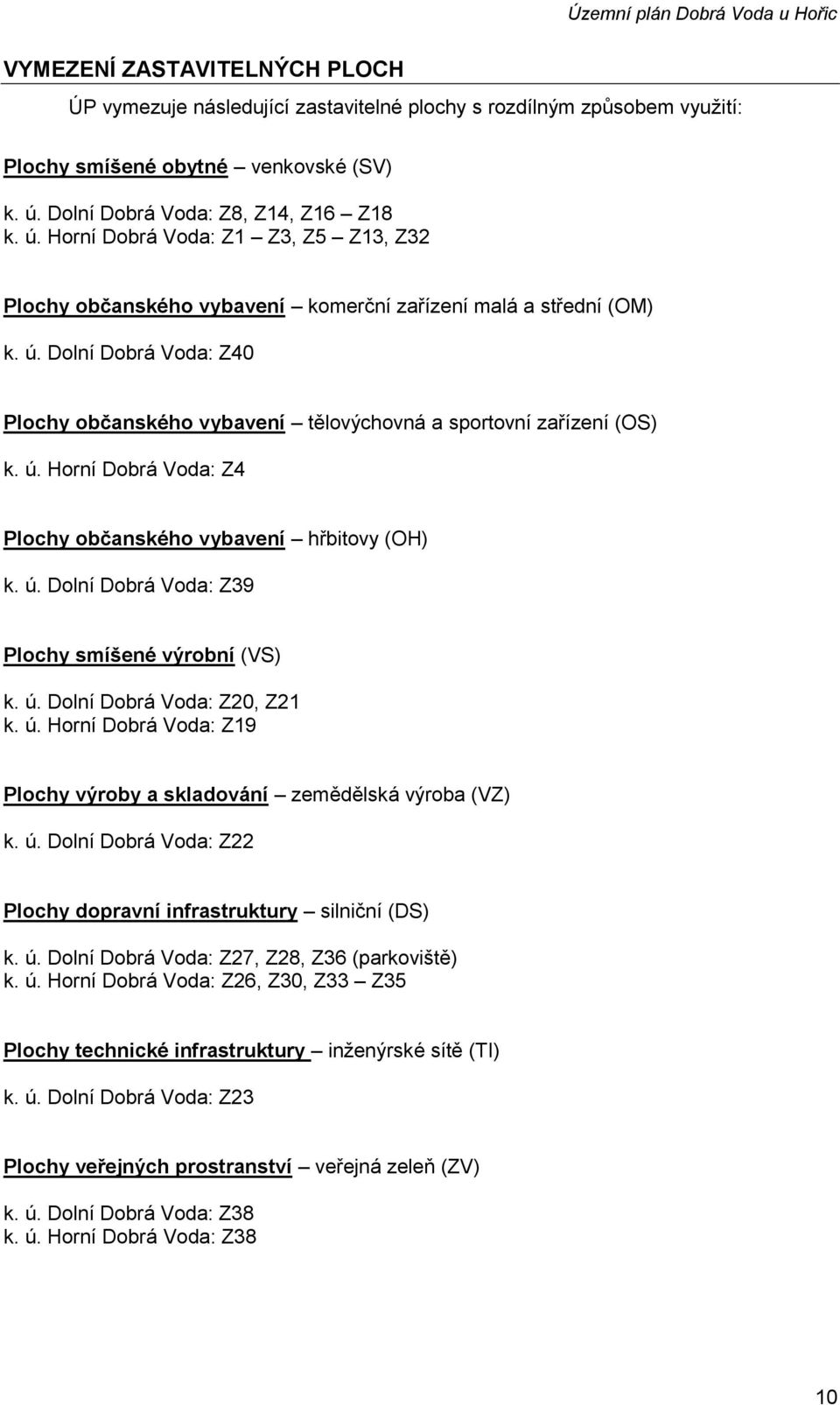 ú. Horní Dobrá Voda: Z4 Plochy občanského vybavení hřbitovy (OH) k. ú. Dolní Dobrá Voda: Z39 Plochy smíšené výrobní (VS) k. ú. Dolní Dobrá Voda: Z20, Z21 k. ú. Horní Dobrá Voda: Z19 Plochy výroby a skladování zemědělská výroba (VZ) k.