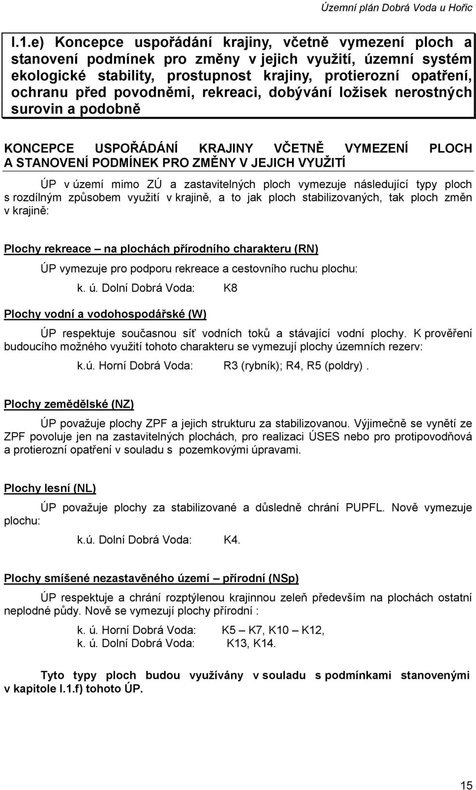 povodněmi, rekreaci, dobývání ložisek nerostných surovin a podobně KONCEPCE USPOŘÁDÁNÍ KRAJINY VČETNĚ VYMEZENÍ PLOCH A STANOVENÍ PODMÍNEK PRO ZMĚNY V JEJICH VYUŽITÍ ÚP v území mimo ZÚ a