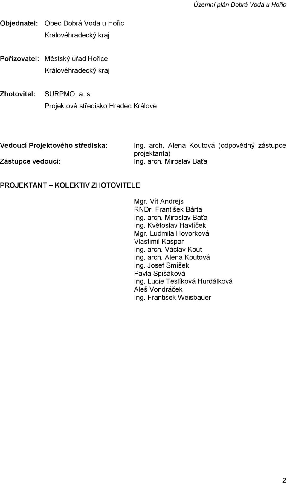 Vít Andrejs RNDr. František Bárta Ing. arch. Miroslav Baťa Ing. Květoslav Havlíček Mgr. Ludmila Hovorková Vlastimil Kašpar Ing. arch. Václav Kout Ing. arch. Alena Koutová Ing.