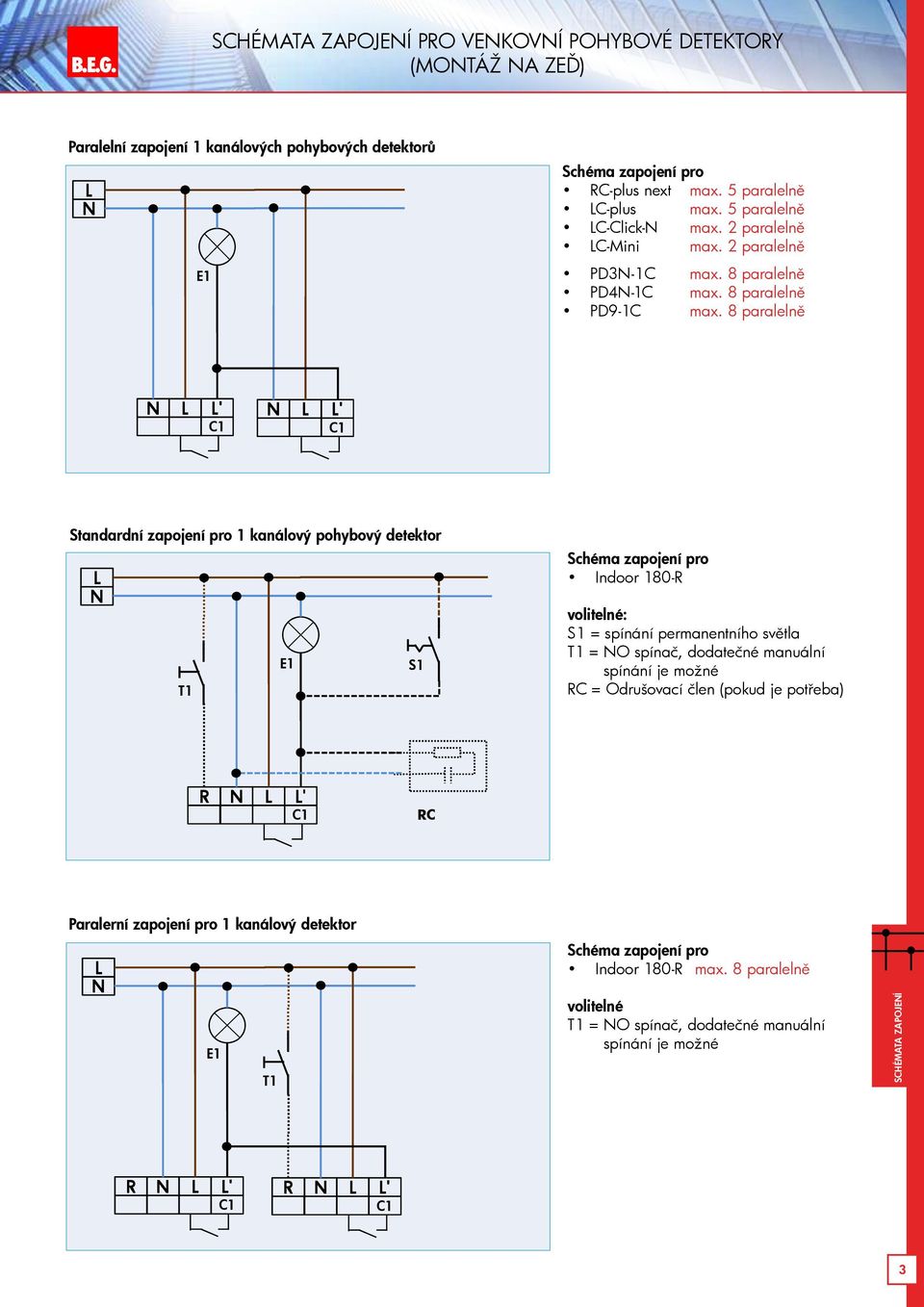 8 paralelně Standardní zapojení pro 1 kanálový pohybový detektor S1 Indoor 180- : S1 = spínání permanentního světla = O spínač, dodatečné manuální spínání