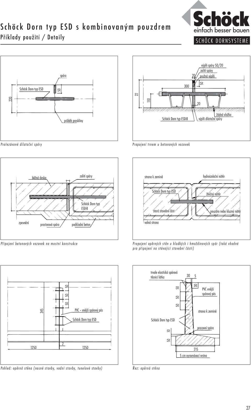 prostorová spára podkladní beton volná strana Připojení betonových vozovek na mostní konstrukce Propojení opěrných stěn u hladkých i hmoždinových spár (také vhodné pro připojení na stávající stavební