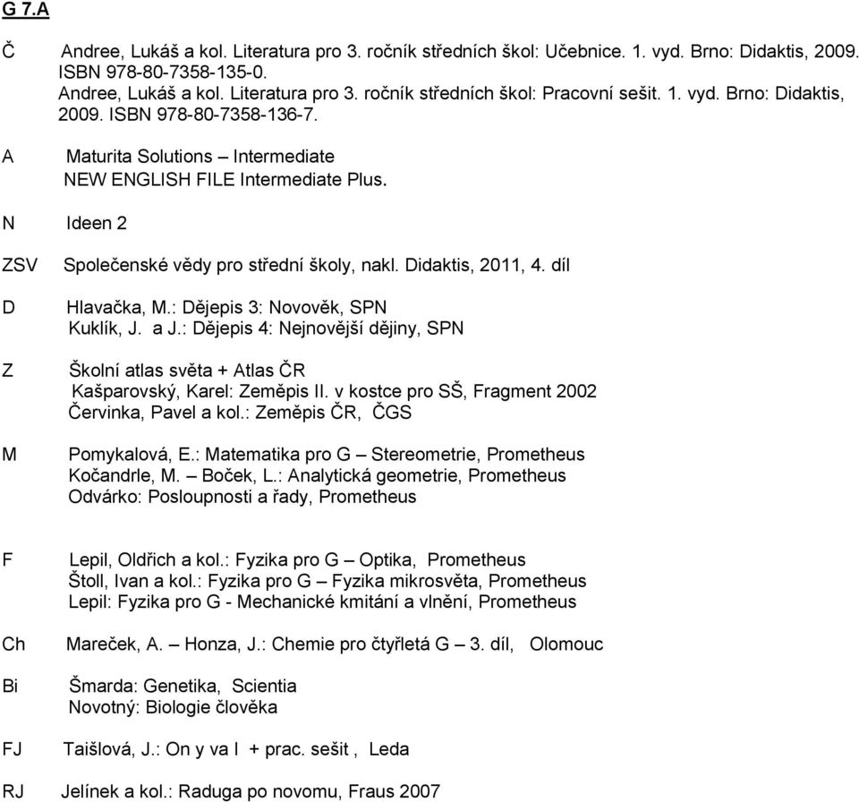 díl Hlavačka,.: ějepis 3: Novověk, SPN Kuklík, J. a J.: ějepis 4: Nejnovější dějiny, SPN Školní atlas světa + tlas ČR Kašparovský, Karel: Zeměpis II.