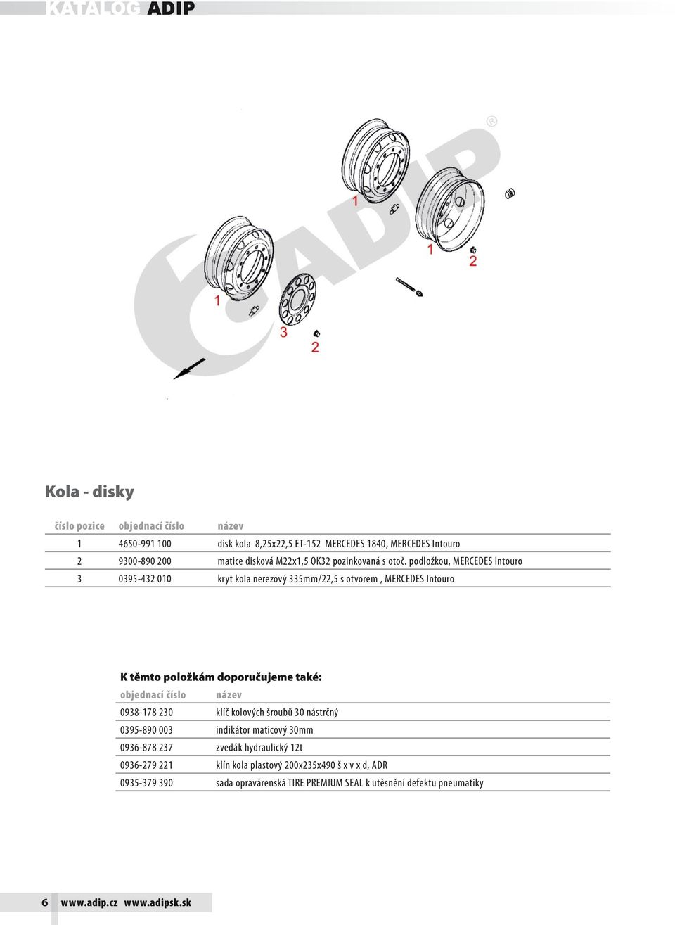 podložkou, MERCEDES Intouro 3 0395-432 010 kryt kola nerezový 335mm/22,5 s otvorem, MERCEDES Intouro 0938-178 230 klíč kolových šroubů