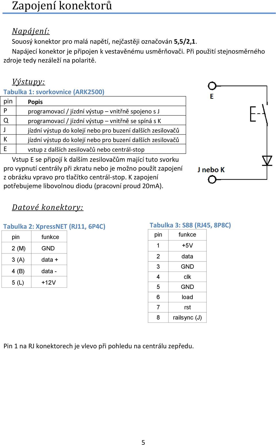 Výstupy: Tabulka 1: svorkovnice (ARK2500) pin Popis P programovací / jízdní výstup vnitřně spojeno s J Q programovací / jízdní výstup vnitřně se spíná s K J jízdní výstup do kolejí nebo pro buzení