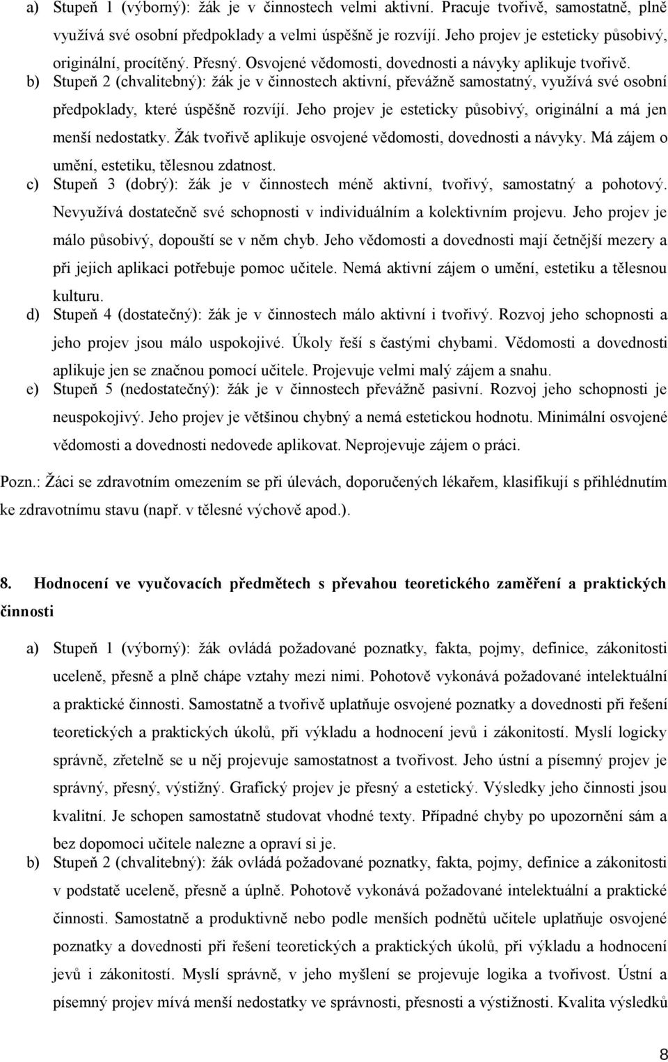 b) Stupeň 2 (chvalitebný): žák je v činnostech aktivní, převážně samostatný, využívá své osobní předpoklady, které úspěšně rozvíjí.