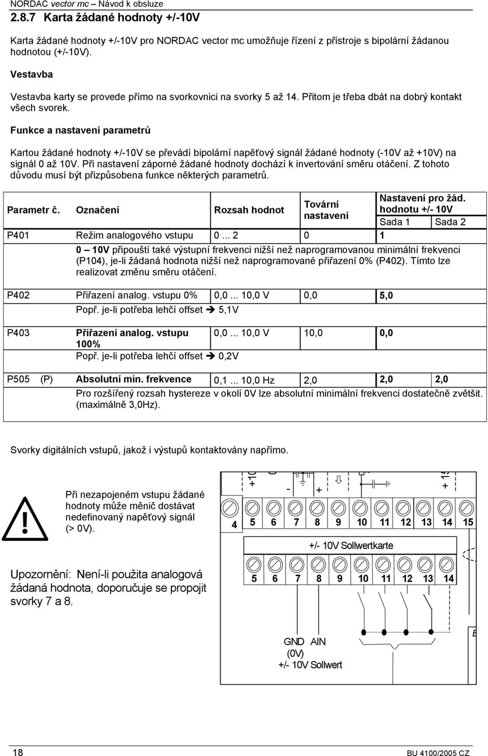 Funkce a nastavení parametrů Kartou žádané hodnoty +/-10V se převádí bipolární napěťový signál žádané hodnoty (-10V až +10V) na signál 0 až 10V.