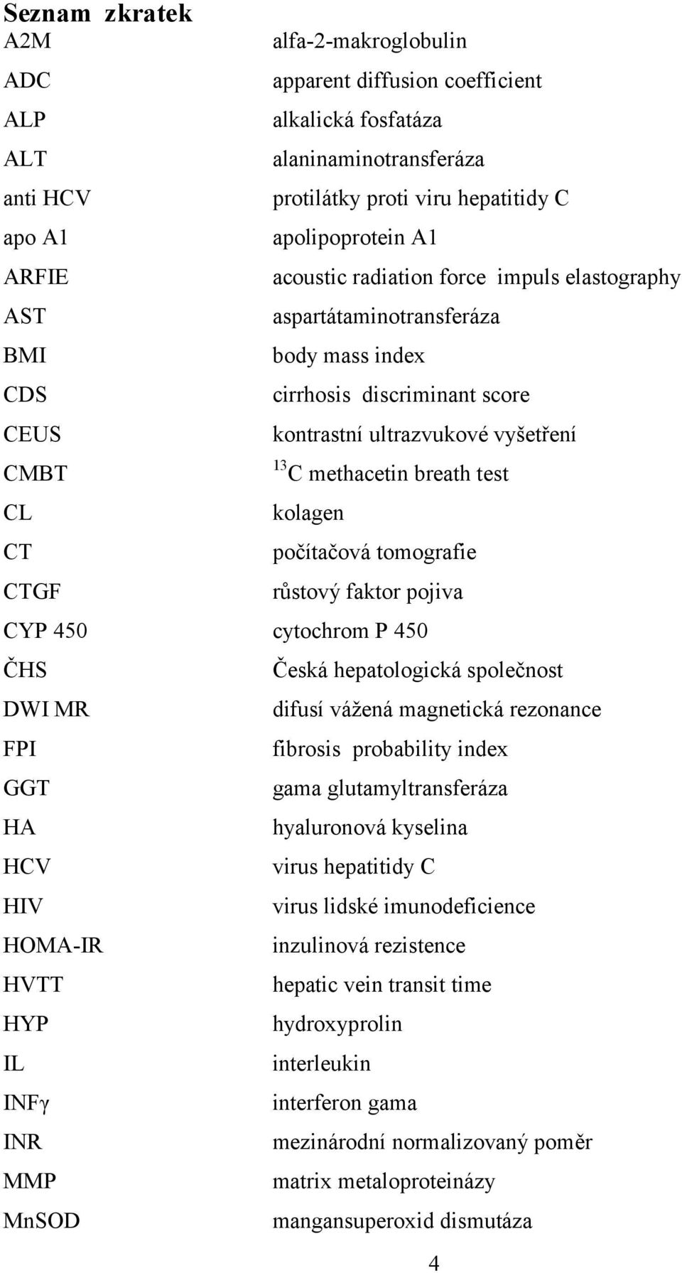 tomografie CTGF růstový faktor pojiva CYP 450 cytochrom P 450 ČHS Česká hepatologická společnost DWI MR difusí vážená magnetická rezonance FPI fibrosis probability index GGT gama glutamyltransferáza