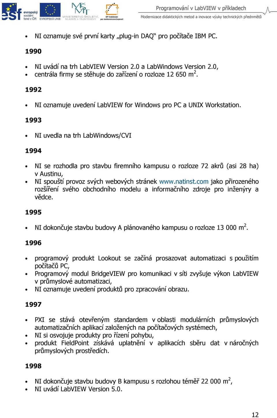 1993 NI uvedla na trh LabWindows/CVI 1994 NI se rozhodla pro stavbu firemního kampusu o rozloze 72 akrů (asi 28 ha) v Austinu, NI spouští provoz svých webových stránek www.natinst.