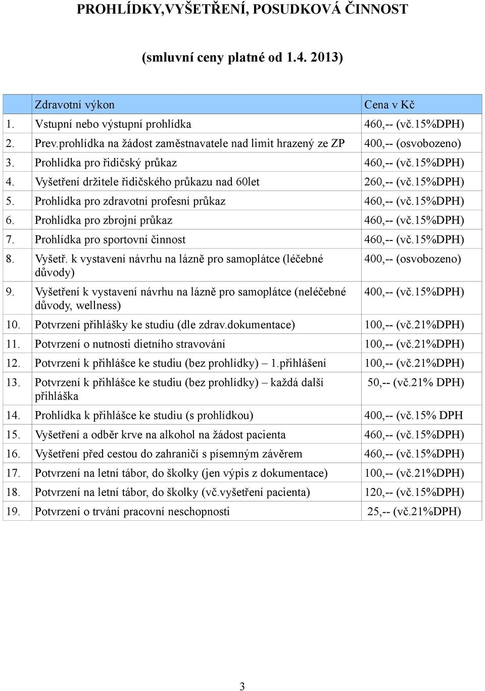 15%dph) 5. Prohlídka pro zdravotní profesní průkaz 460,-- (vč.15%dph) 6. Prohlídka pro zbrojní průkaz 460,-- (vč.15%dph) 7. Prohlídka pro sportovní činnost 460,-- (vč.15%dph) 8. Vyšetř.