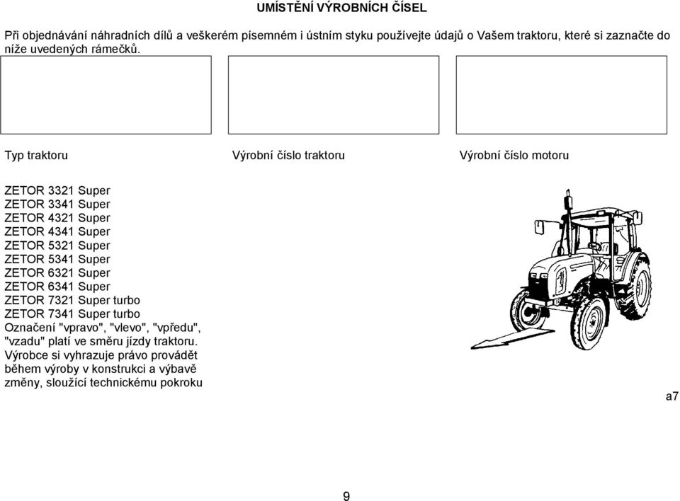 Typ traktoru Výrobní číslo traktoru Výrobní číslo motoru ZETOR 3321 Super ZETOR 3341 Super ZETOR 4321 Super ZETOR 4341 Super ZETOR 5321 Super ZETOR