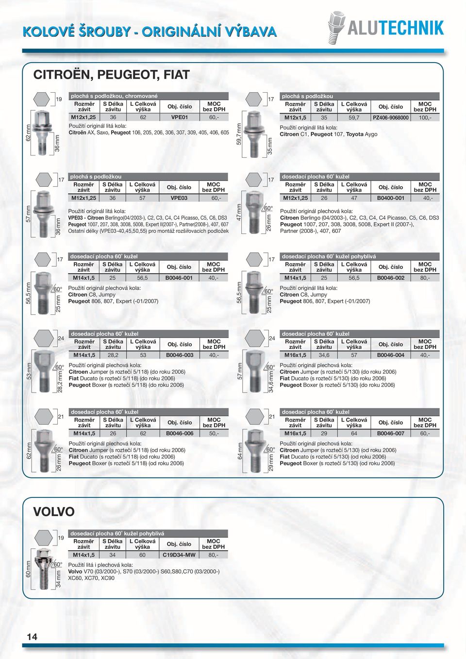 60 kužel u M12x1,25 26 47 B0400-001 40,- 57 mm 36 mm Použití litá kola: VPE03 - Citroen Berlingo(04/2003-), C2, C3, C4, C4 Picasso, C5, C6, DS3 Peugeot 1007, 207, 30, 300, 500, Expert II(2007-),