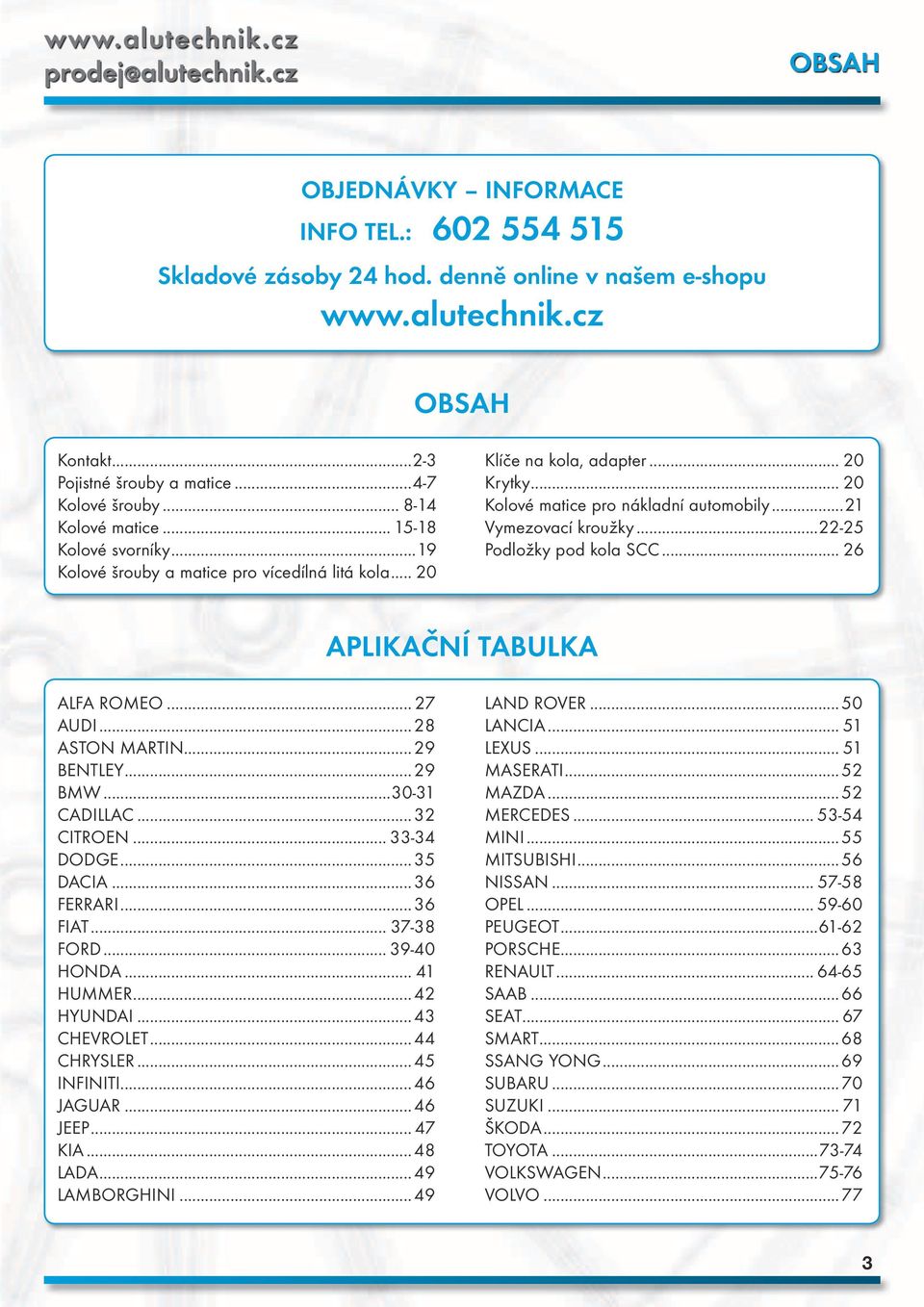 ..21 Vymezovací kroužky...22-25 Podložky pod kola SCC... 26 Aplikační tabulka Alfa Romeo... 27 Audi...2 Aston Martin...29 Bentley...29 BMW...30-31 Cadillac...32 Citroen... 33-34 Dodge...35 Dacia.