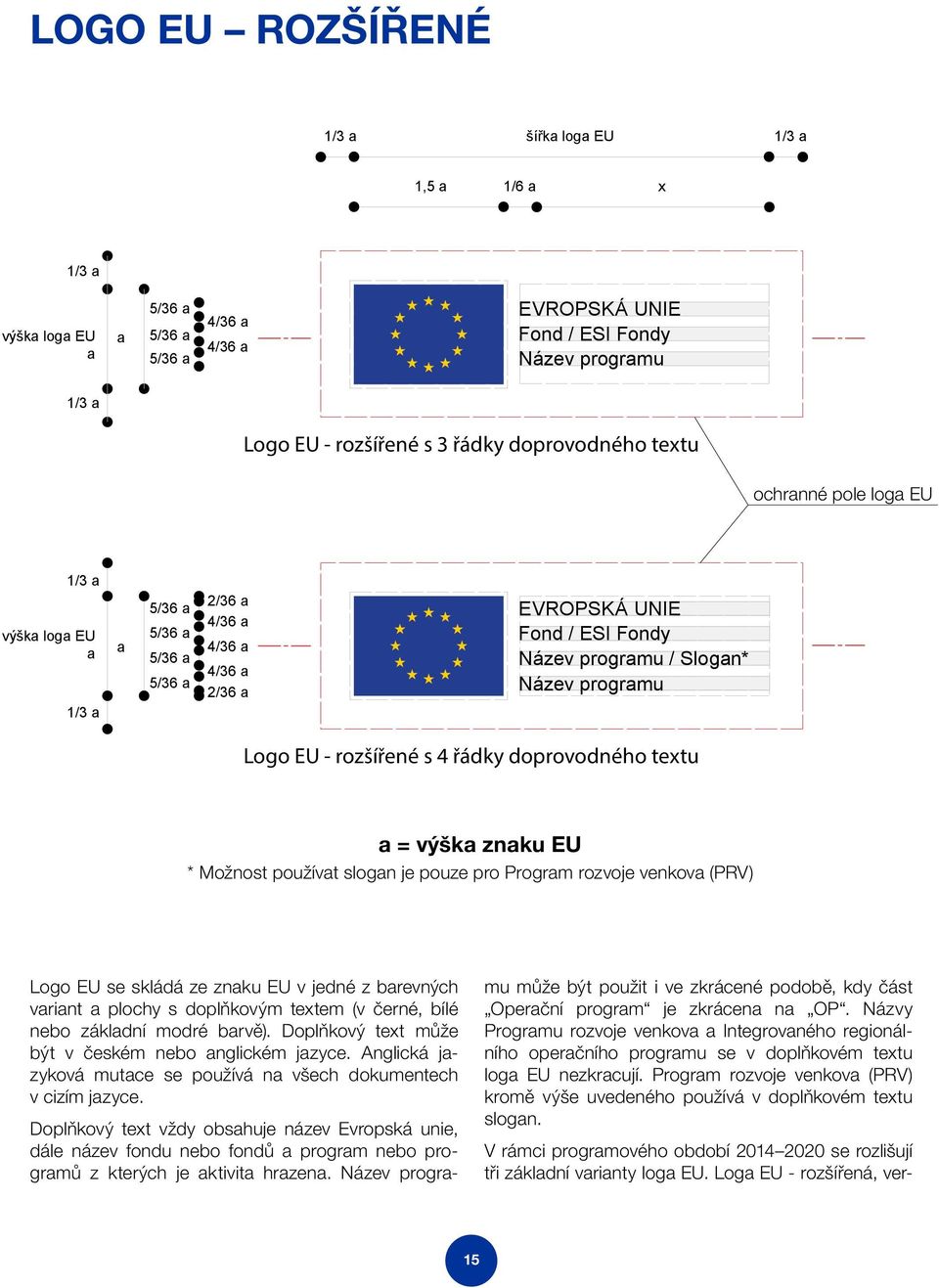 4 řádky doprovodného textu a = výška znaku EU * Možnost používat slogan je pouze pro Program rozvoje venkova (PRV) Logo EU se skládá ze znaku EU v jedné z barevných variant a plochy s doplňkovým