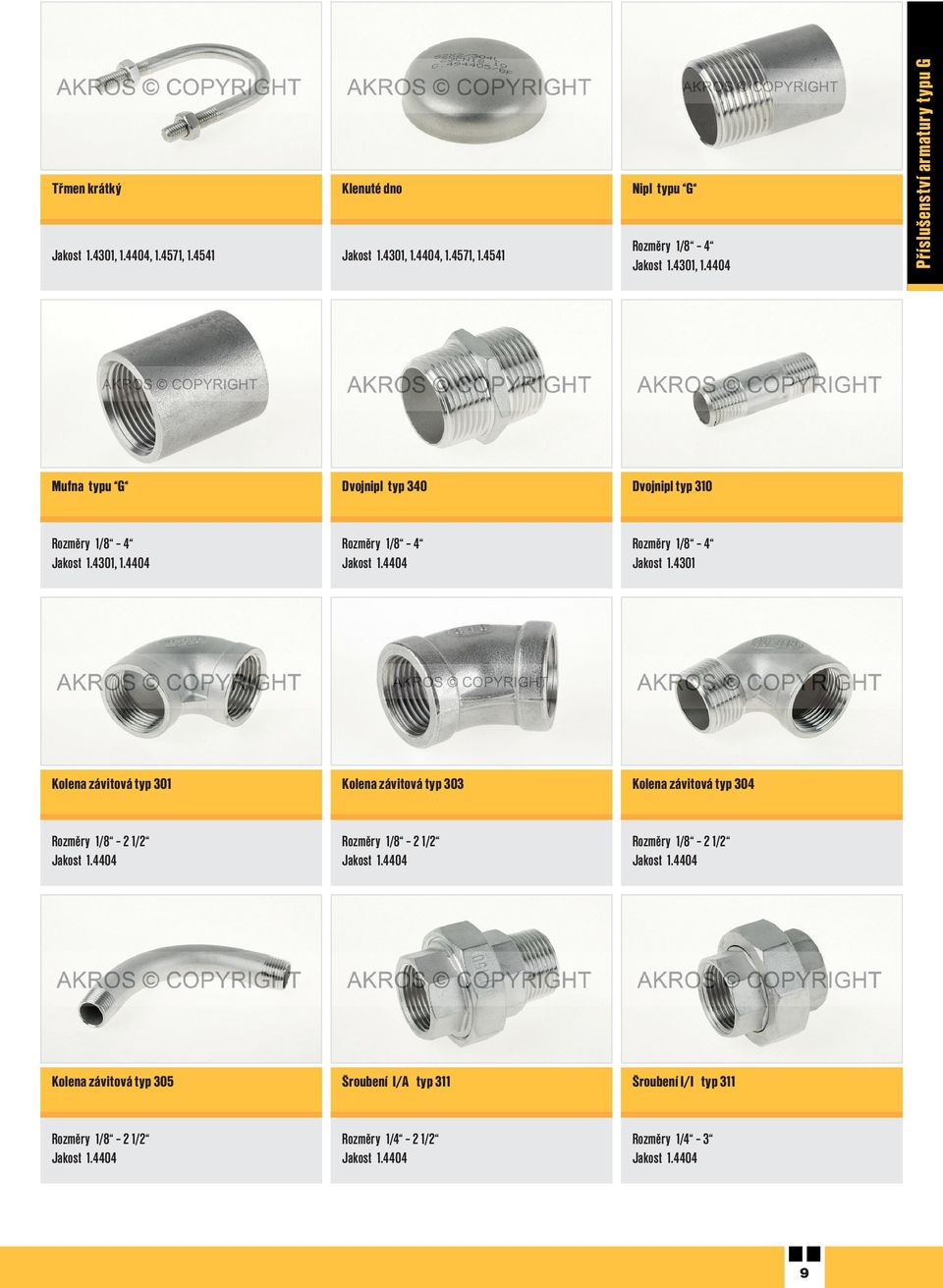 4404 Rozměry 1/8 4 Rozměry 1/8 4 Kolena závitová typ 301 Kolena závitová typ 303 Kolena závitová typ 304 Rozměry 1/8 2