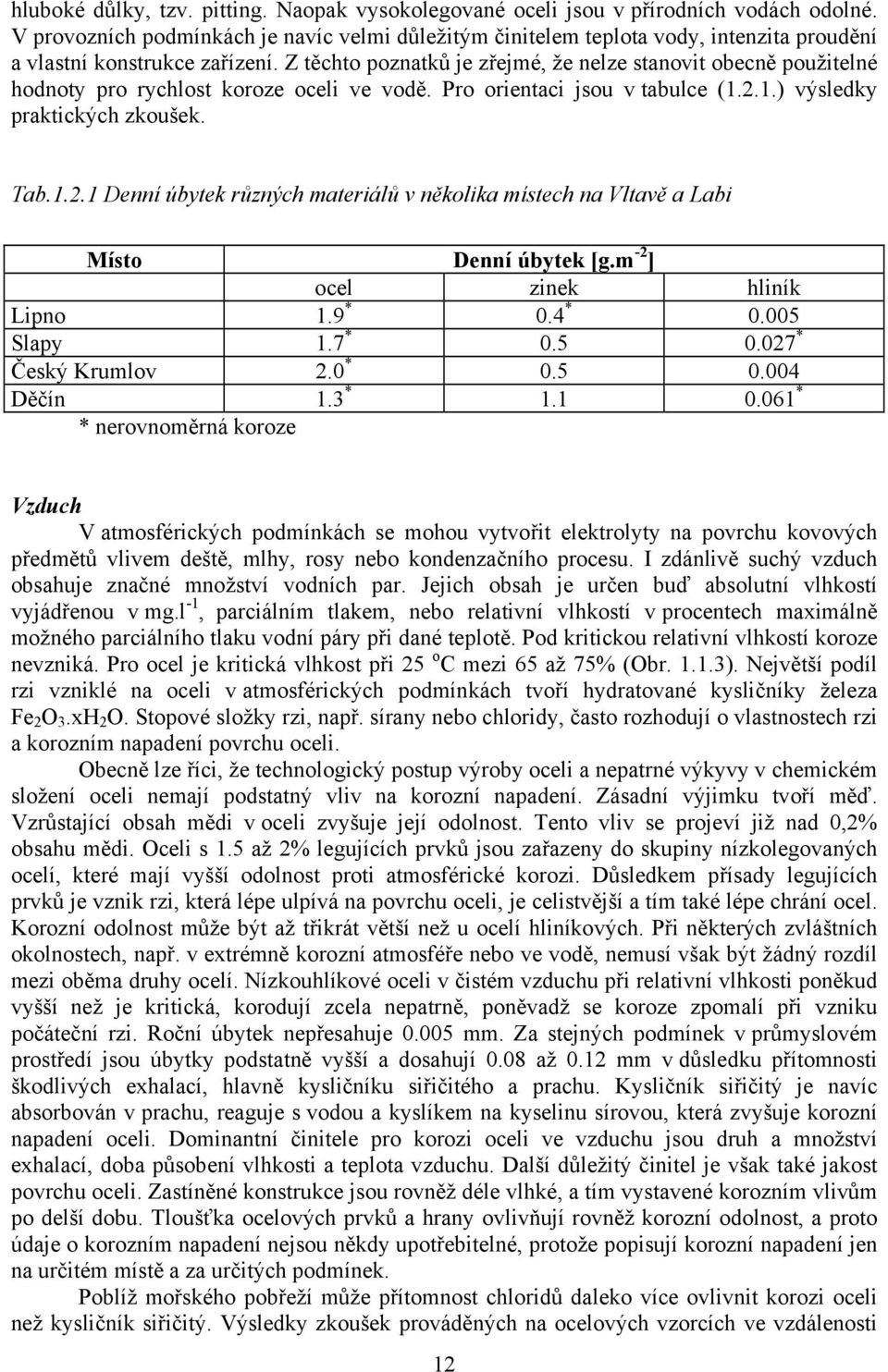 Z těchto poznatků je zřejmé, že nelze stanovit obecně použitelné hodnoty pro rychlost koroze oceli ve vodě. Pro orientaci jsou v tabulce (1.2.