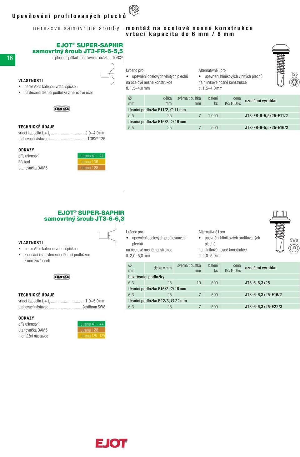 5 25 7 1.000 JT3-FR-6-5,5x25-E11/2 těsnící podložka E16/2, 16 5.5 25 7 500 JT3-FR-6-5,5x25-E16/2 samovrtný šroub JT3-6-6,3 z nerezové oceli... 1,0+5,0 utahovací nástavec...šestihran tl.