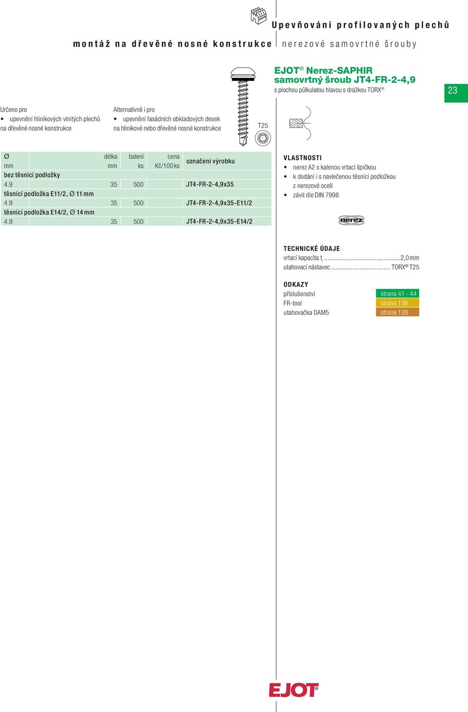 desek na hliníkové nebo dřevěné nosné konstrukce Kč/100 4.9 35 500 JT4-FR-2-4,9x35 těsnící podložka E11/2, 11 4.